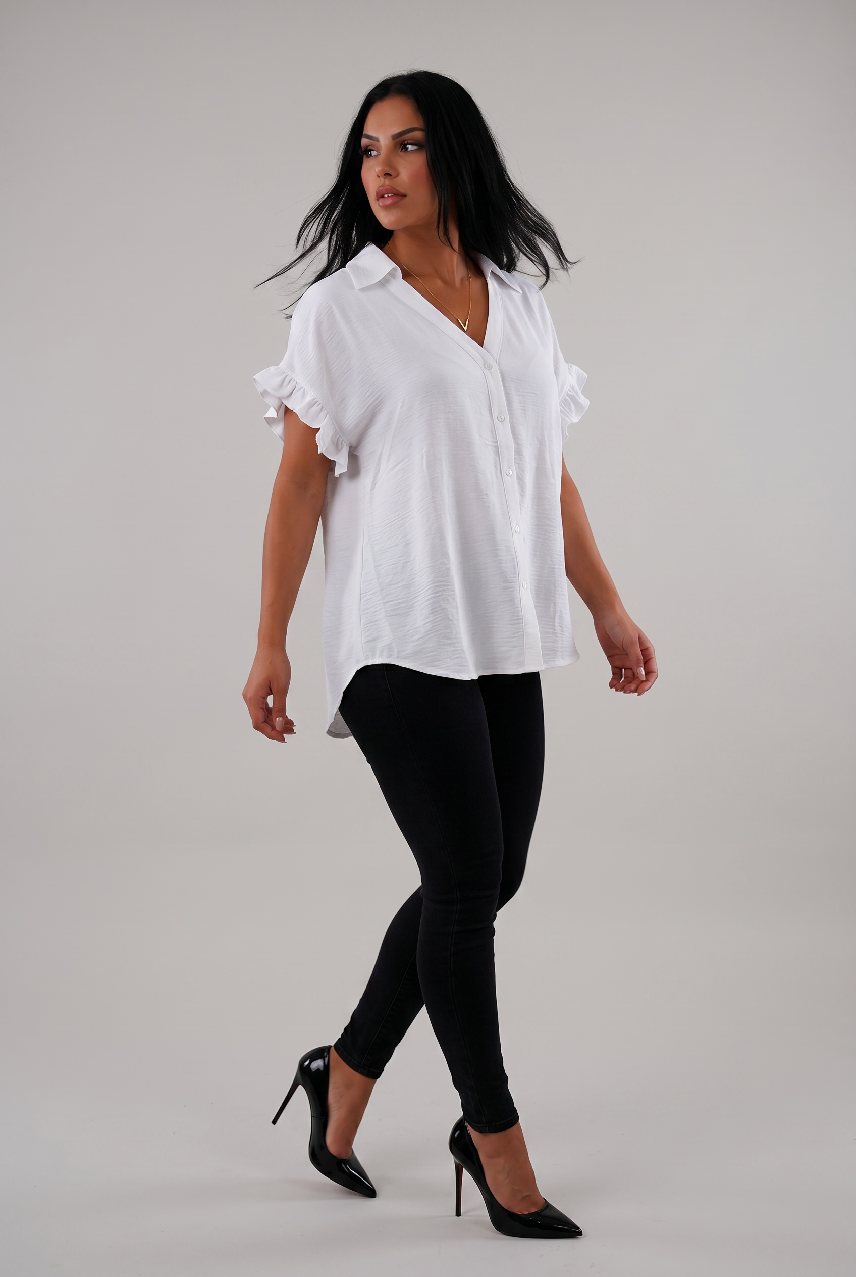 White Ruffle Sleeve Button-Up Blouse