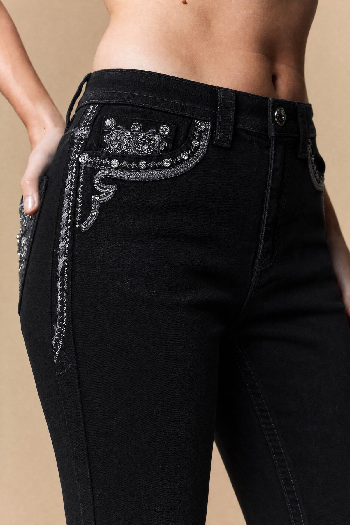 Front pocket rhinestone and embroidery detail on Western Blue W268 black jeans