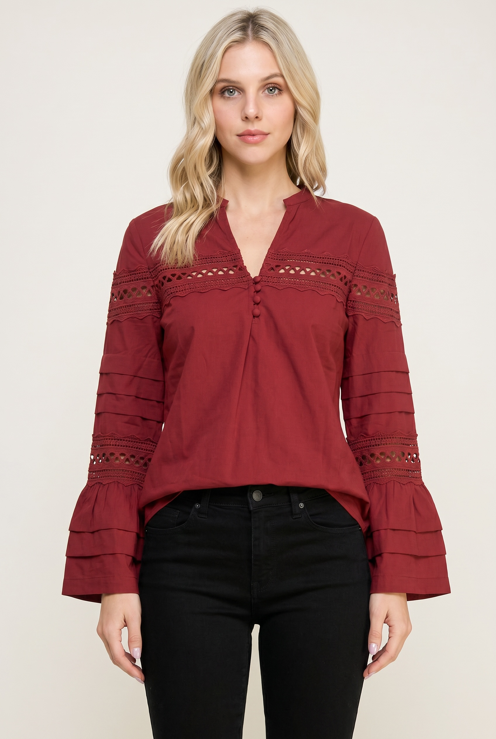 Lace Detail Bell Sleeve Blouse – Button Front V-Neck Top