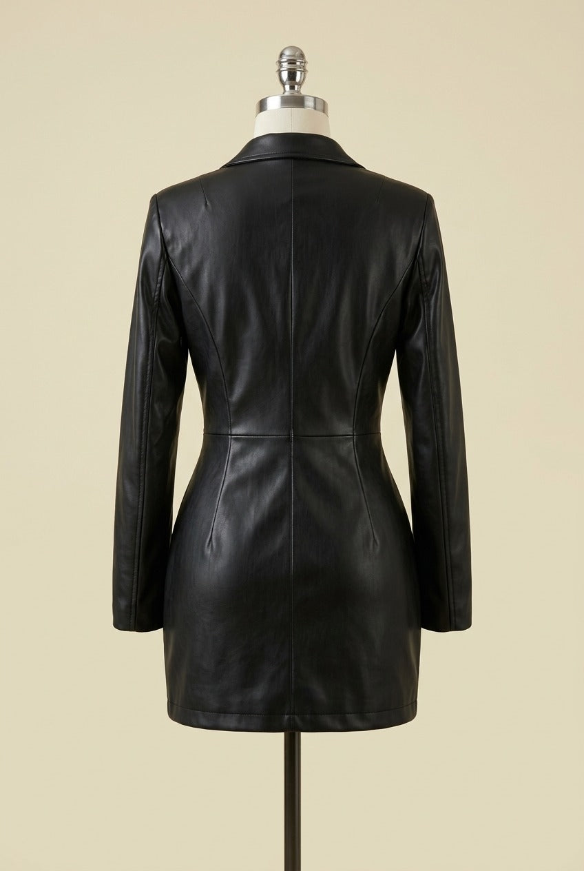 Black faux leather blazer dress on mannequin, back view with center seam