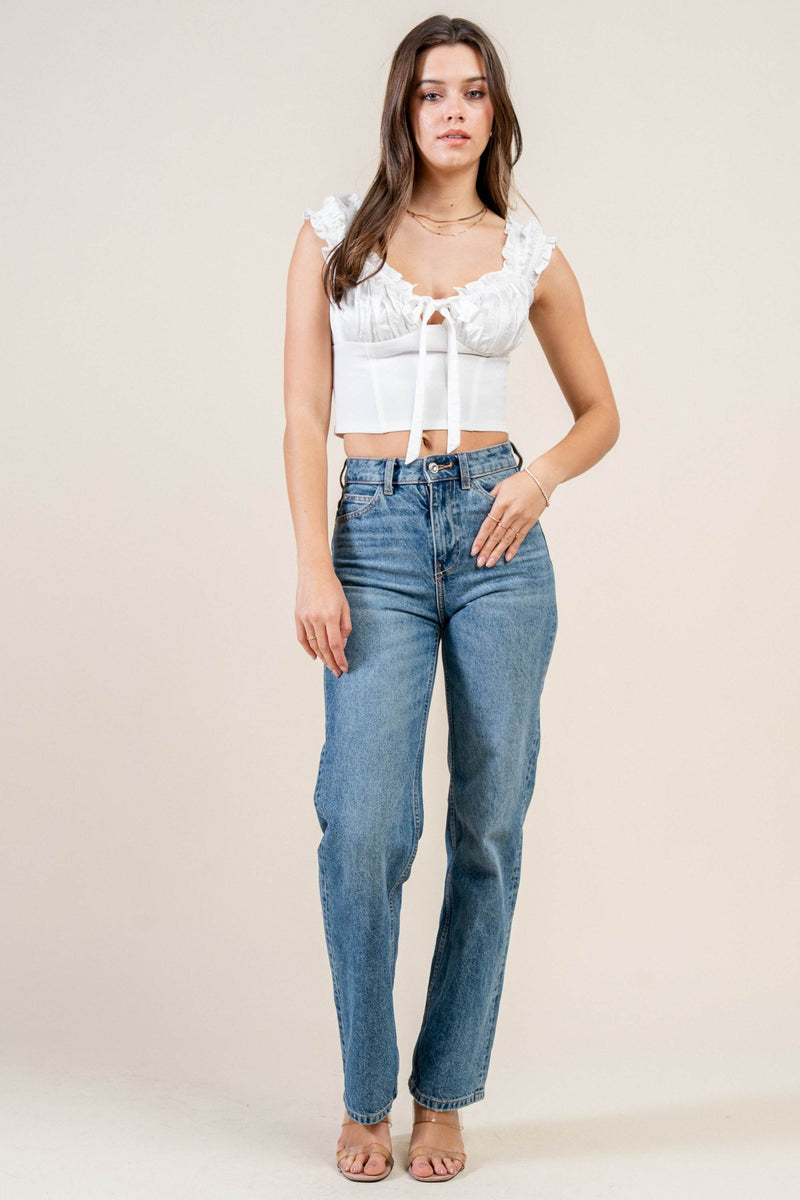 Satin Tie-Front Ruffle Bustier Crop Top