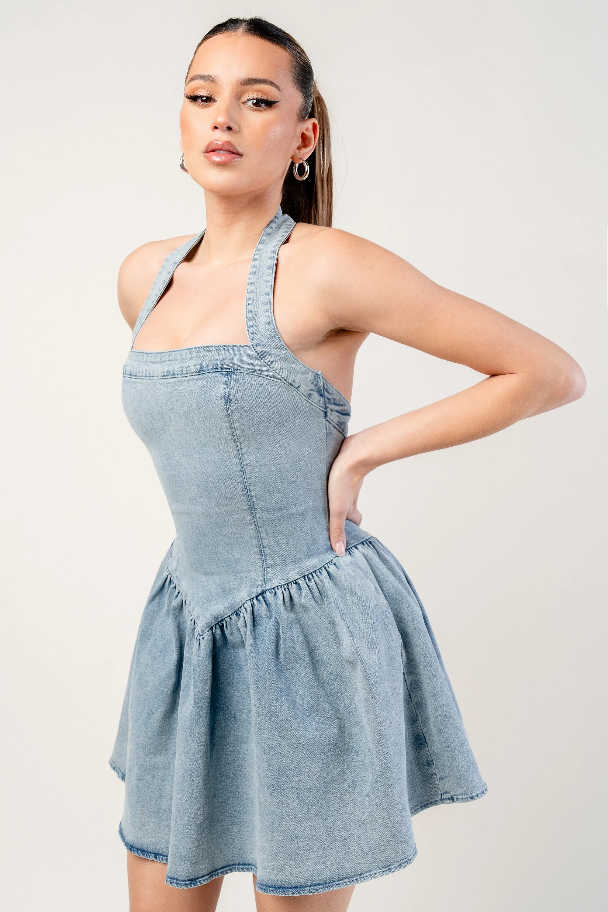 Halter Denim Fit & Flare Mini Dress
