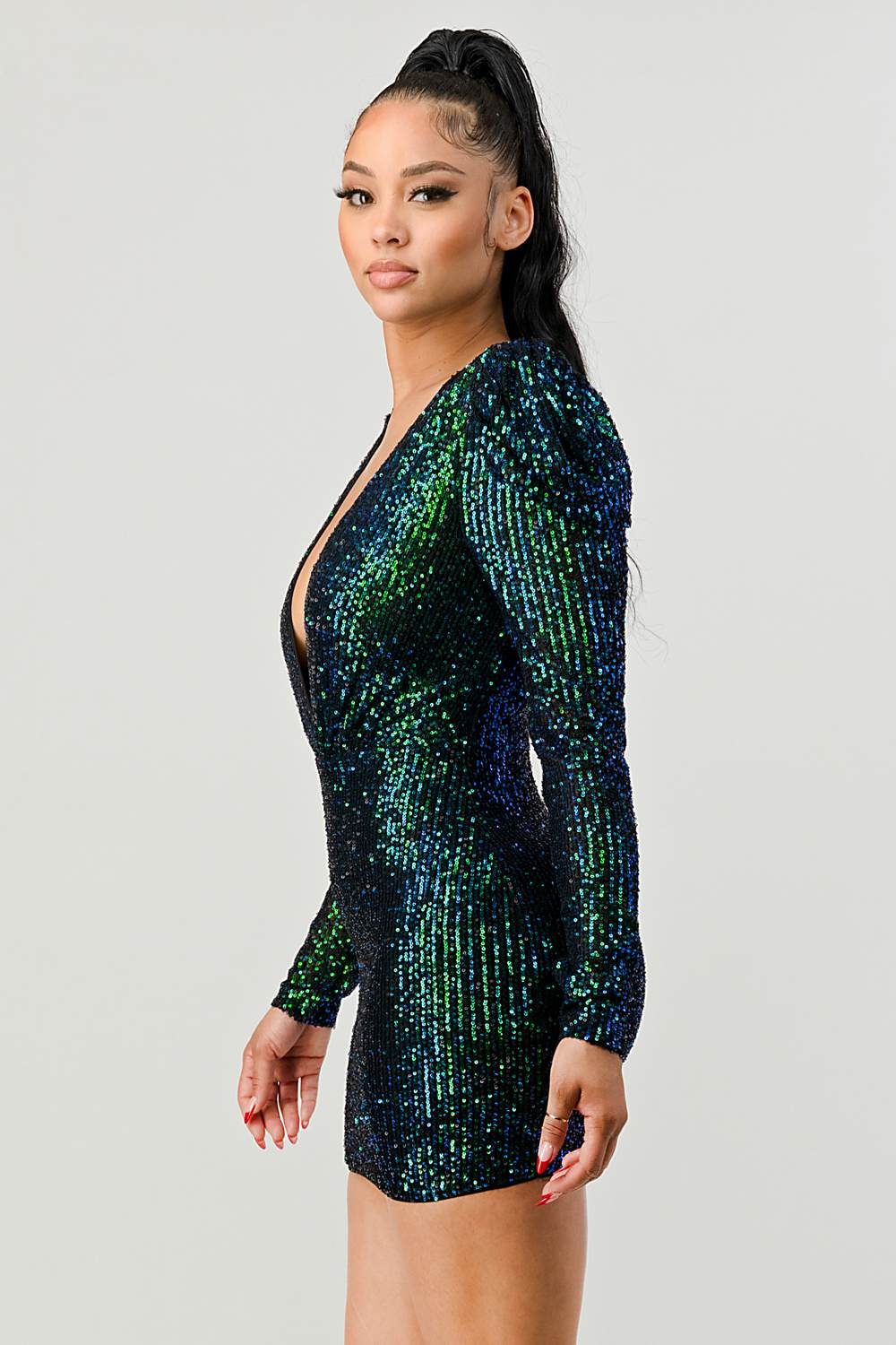 SEXY SEQUINS DEEP V-NECK GIGOT SLEEVE BODYCON MINI DRESS - Vella Moda