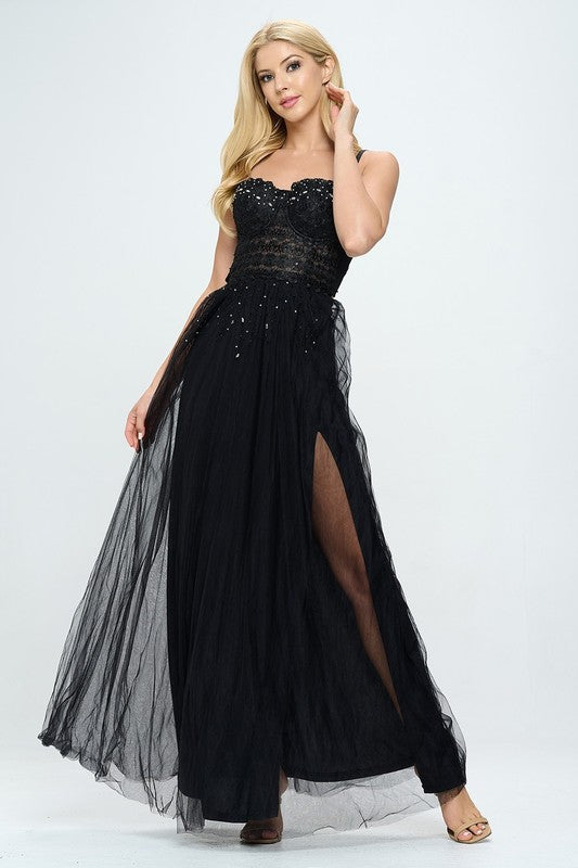 Rhinestone Bustier Layered Tulle Maxi Dress