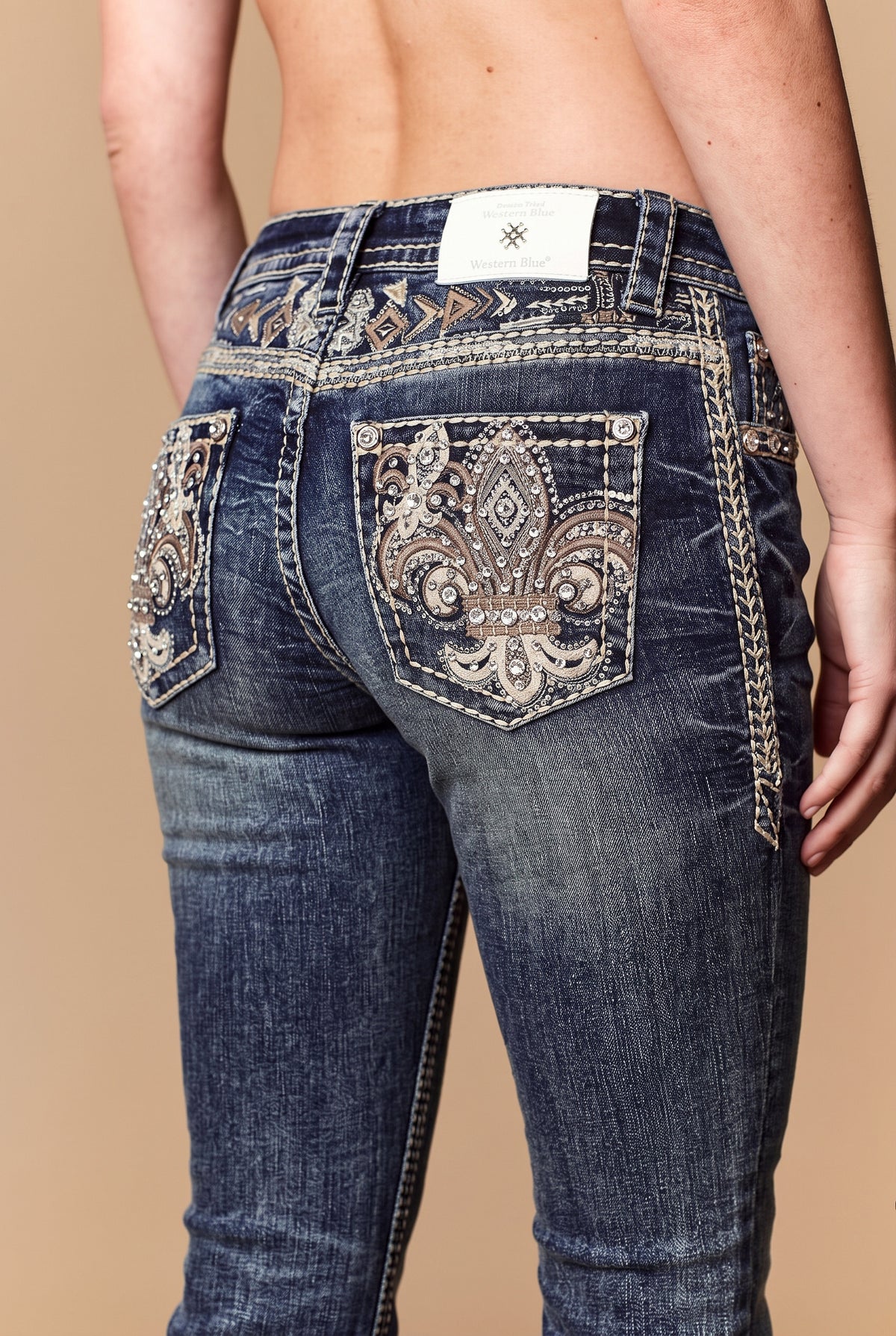 Back pocket embroidery detail on Western Blue W264 medium-wash jeans