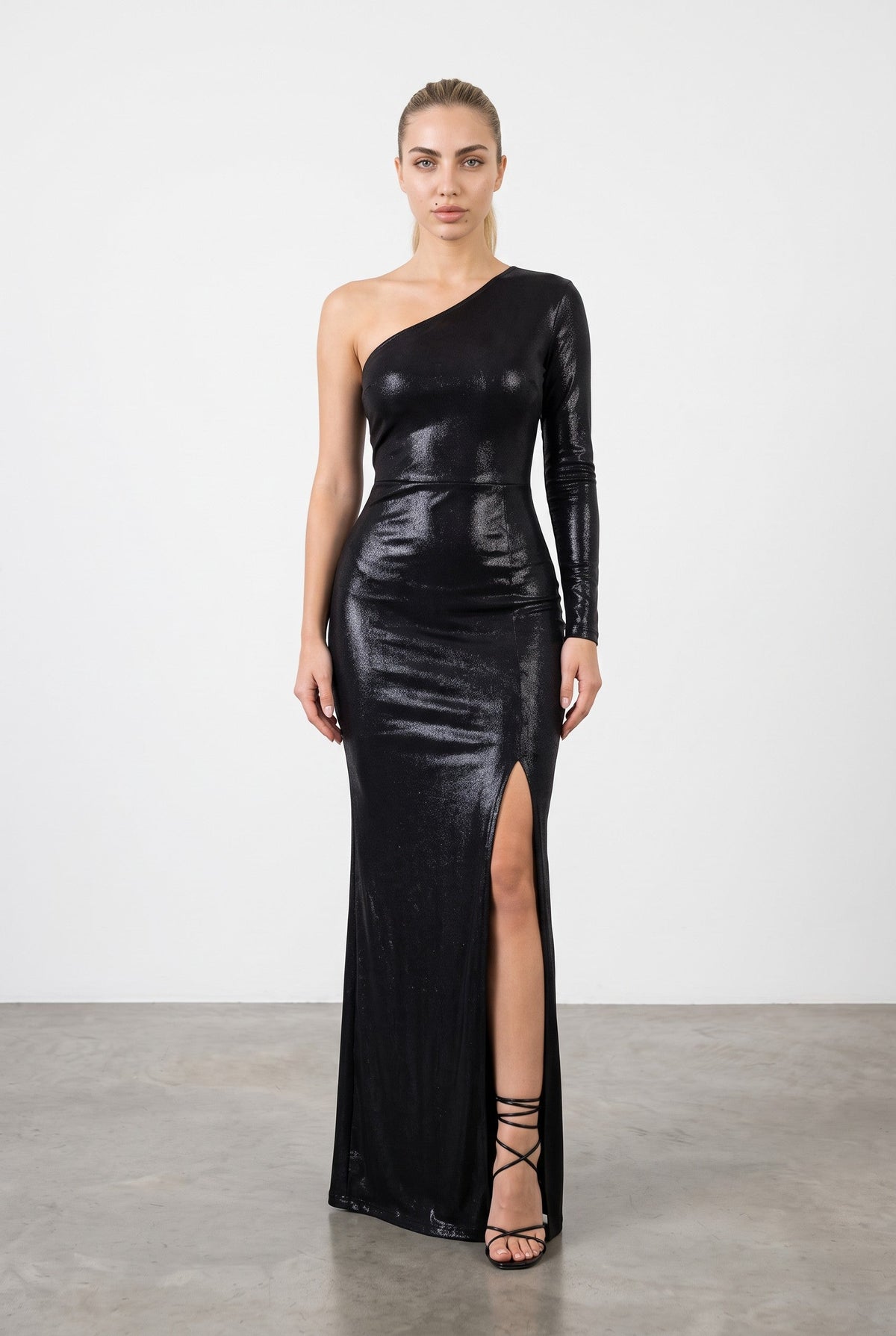 One-Shoulder Metallic Front-Slit Maxi Dress