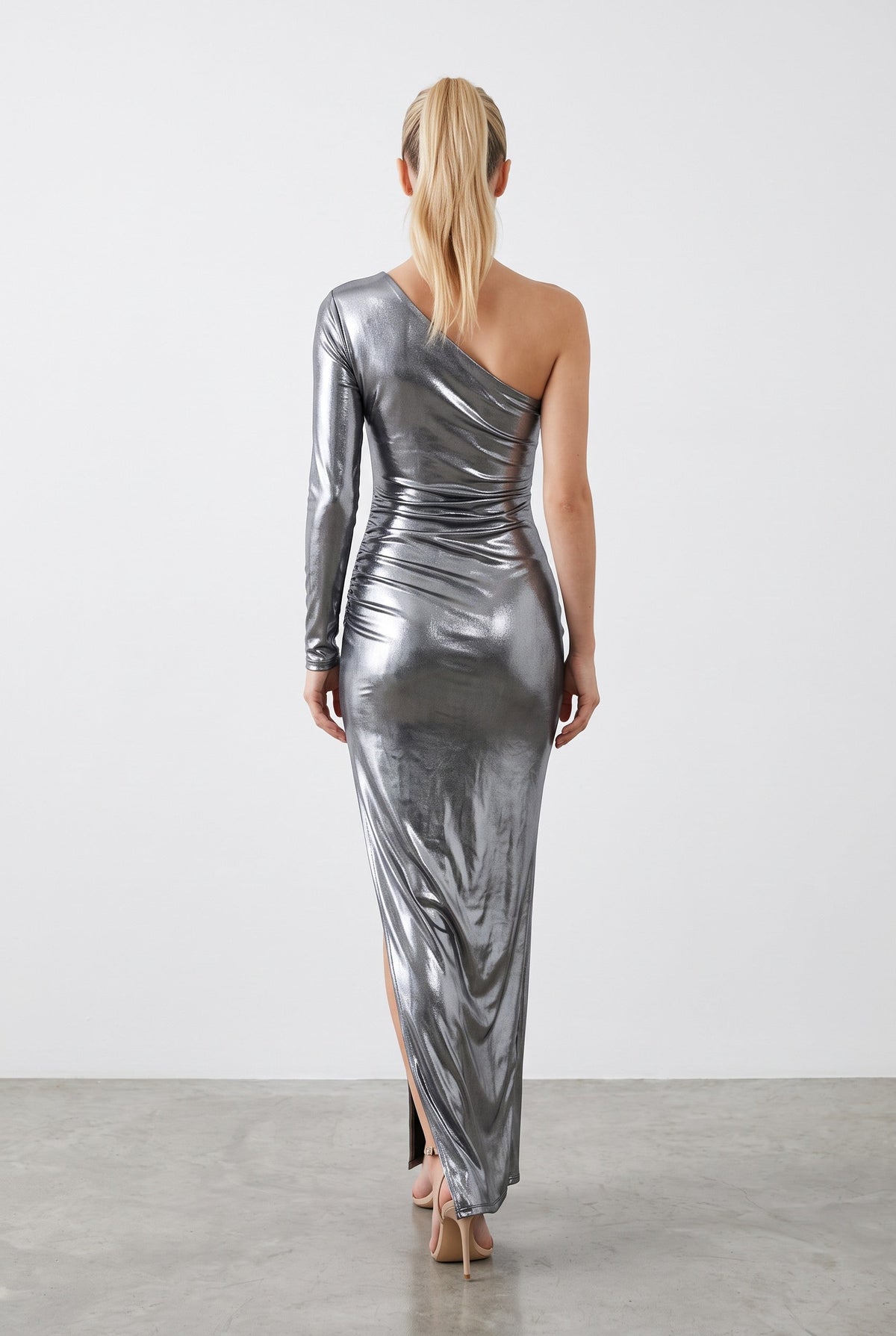 One-Shoulder Metallic Front-Slit Maxi Dress