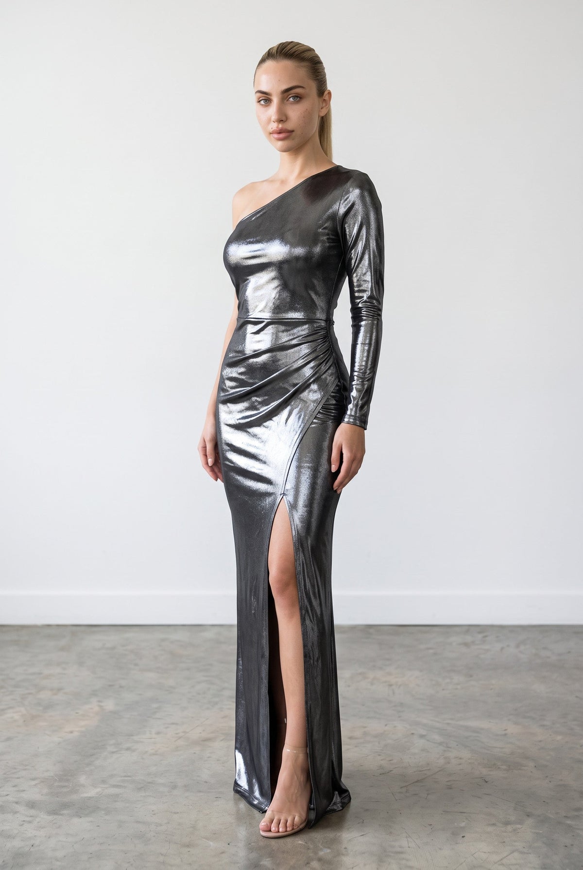One-Shoulder Metallic Front-Slit Maxi Dress
