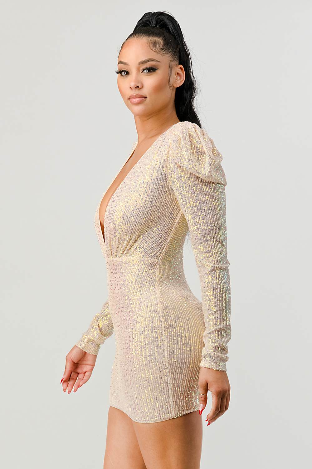 Sequin Bodycon Party Dress - Deep V-Neck & Gigot Sleeve