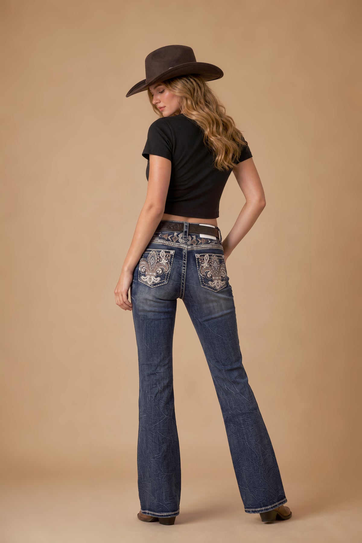 Back model view of Western Blue W264 mid-rise embroidered bootcut jeans