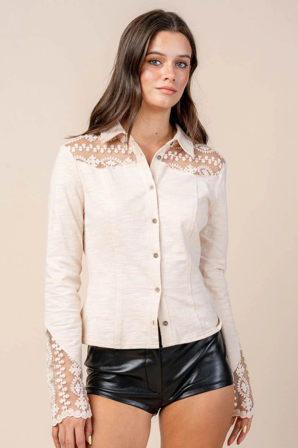 Lace Panel Button Down Knit Top