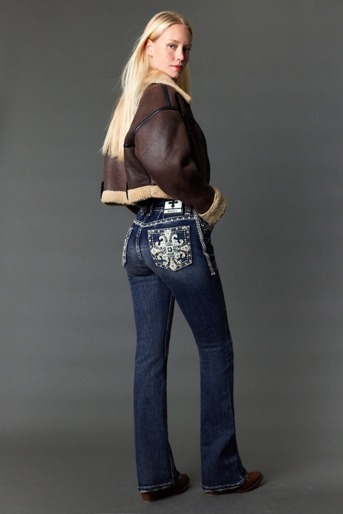 Answer Me A1135 dark wash bootcut jeans, back view with embroidered cross pocket