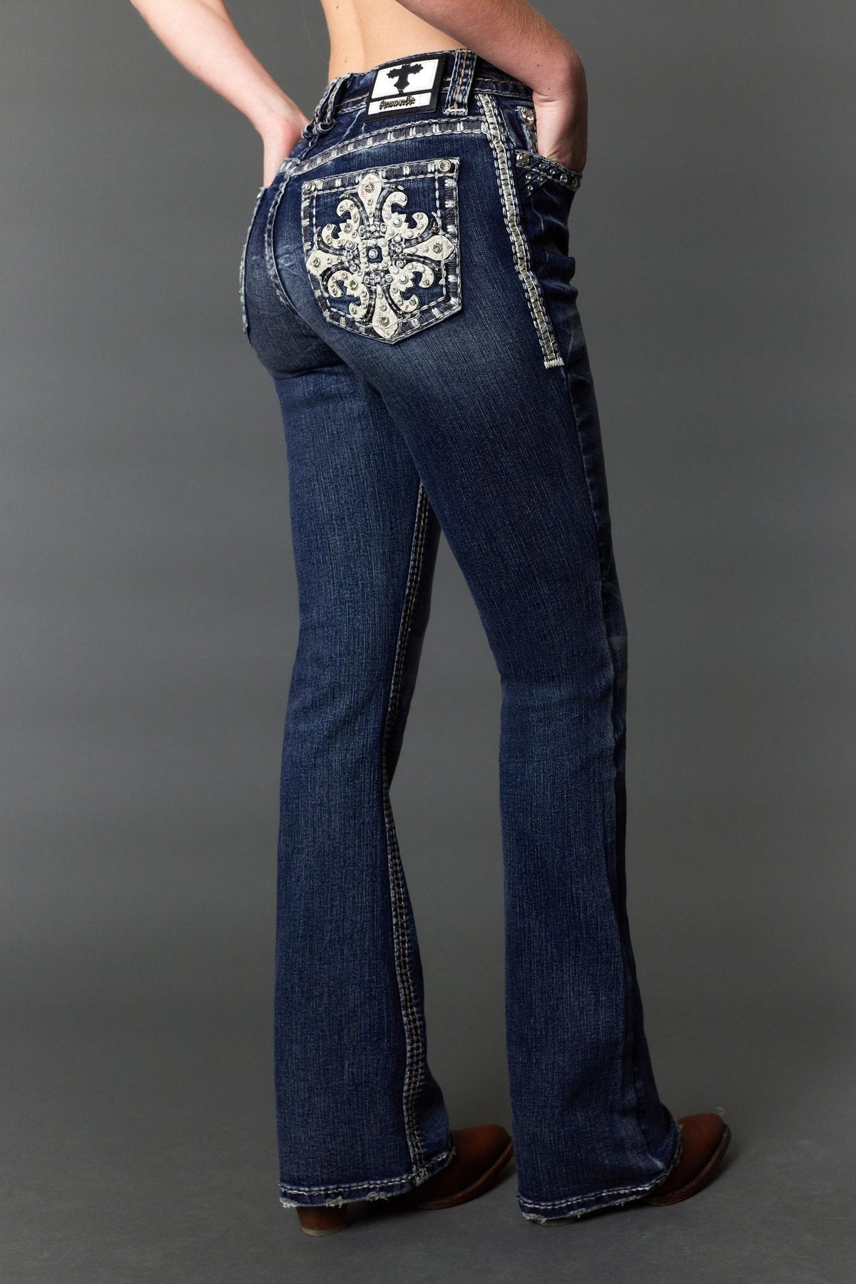 Answer Me A1135 dark wash bootcut jeans, pocket embroidery and rhinestone detail