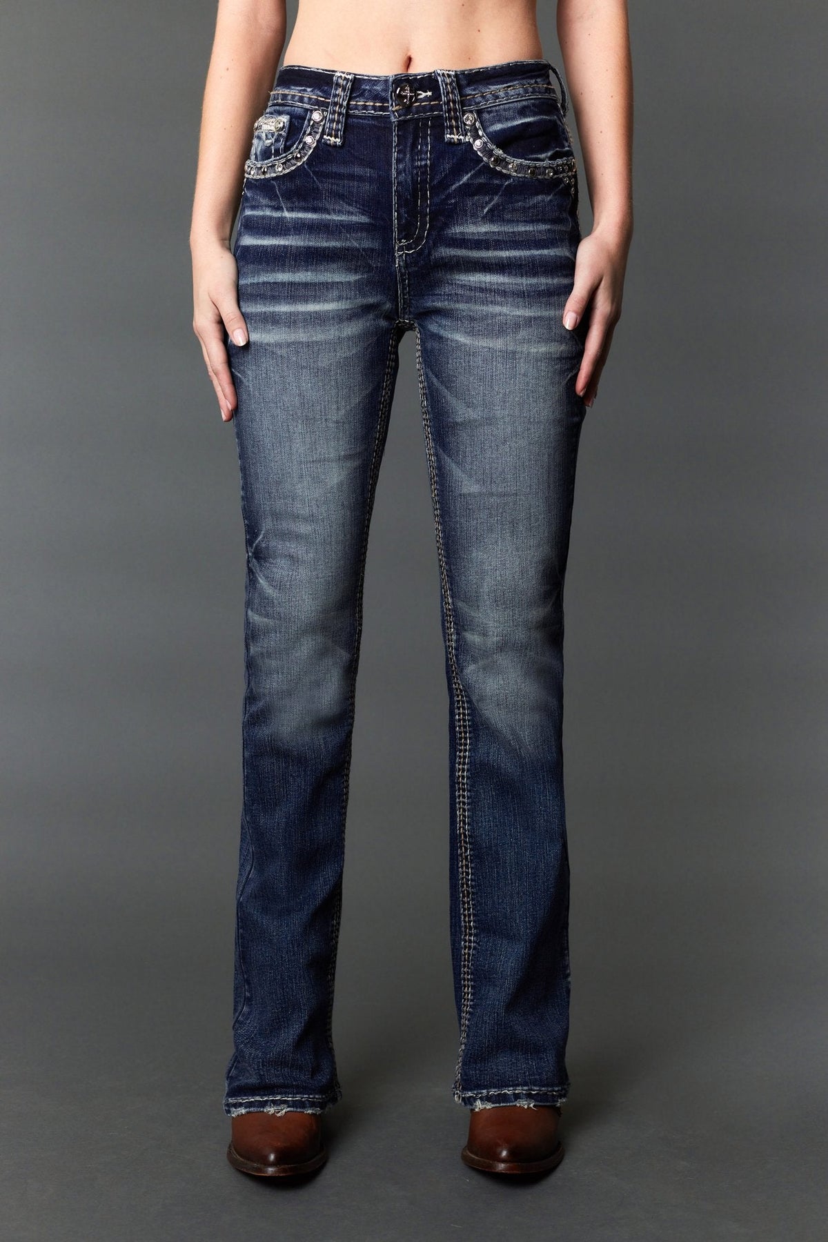 Answer Me A1135 dark wash bootcut jeans, styled back view