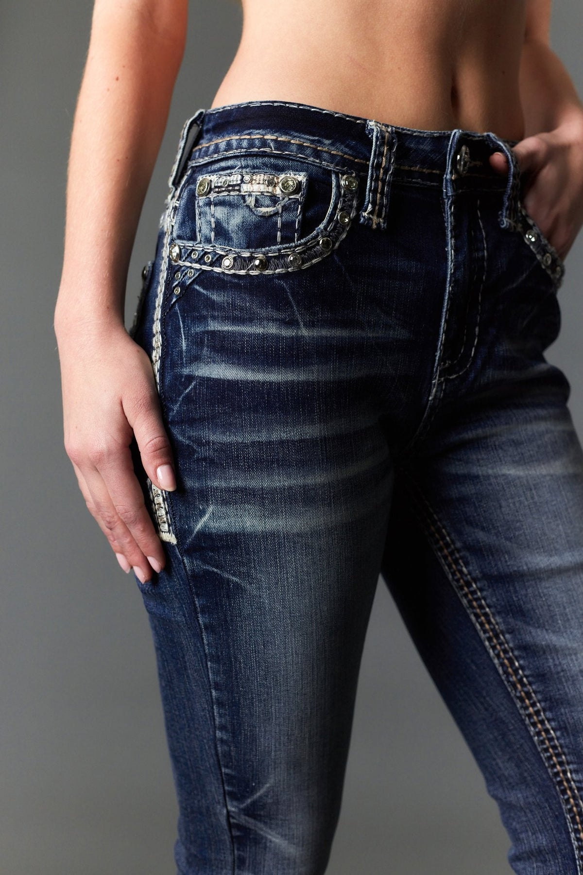 Answer Me A1135 dark wash bootcut jeans, leg and boot styling