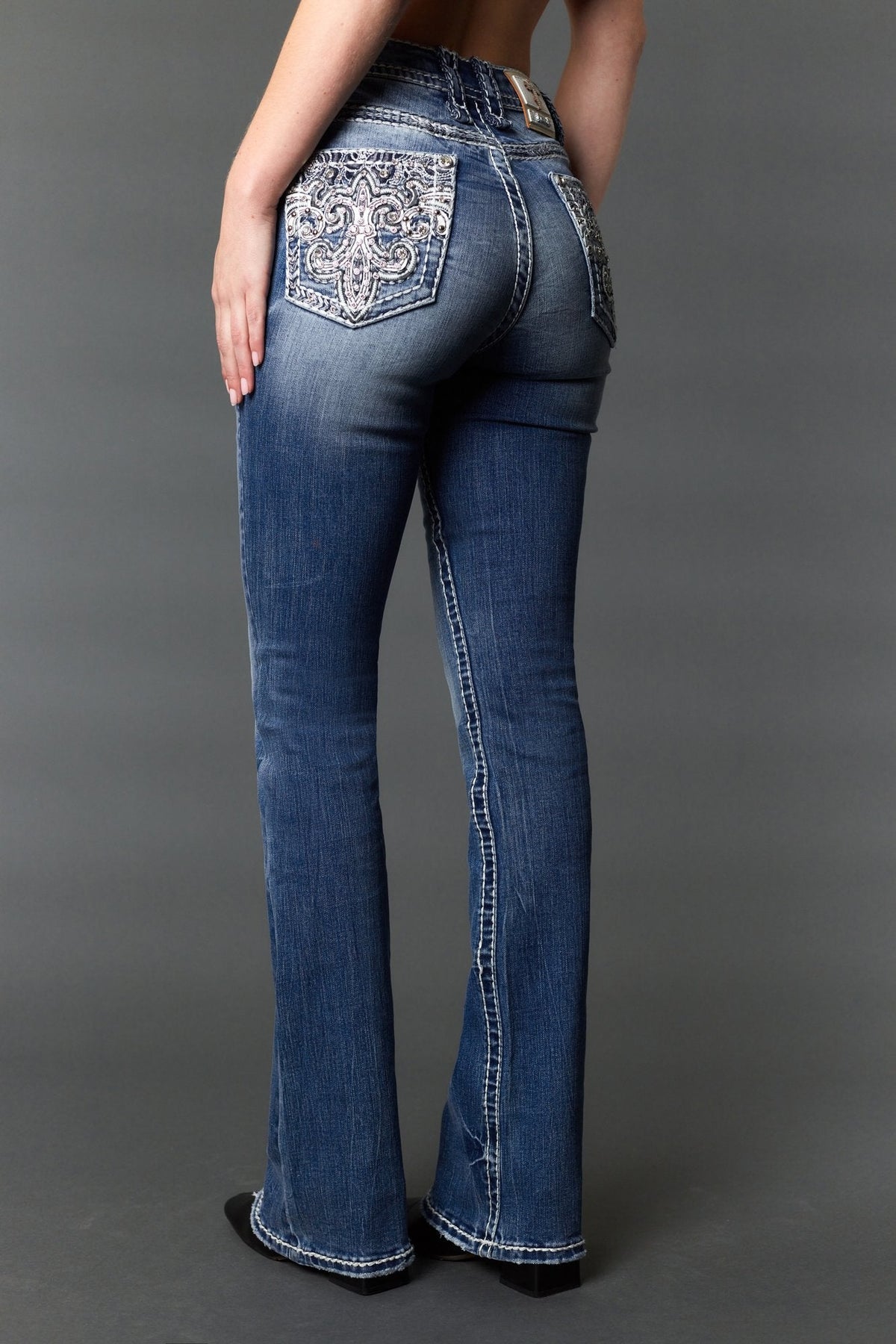 Answer Me A1137 medium wash bootcut jeans, front view