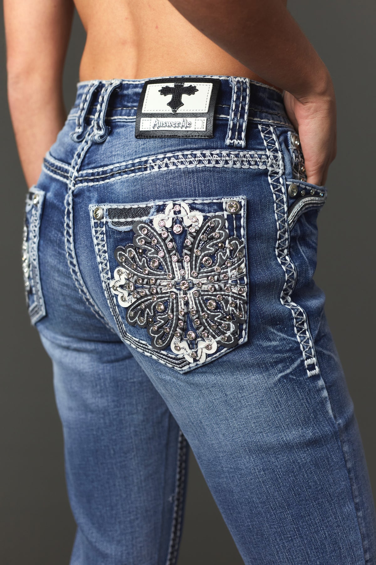 Back pocket cross embroidery detail on Answer Me A1142 jeans