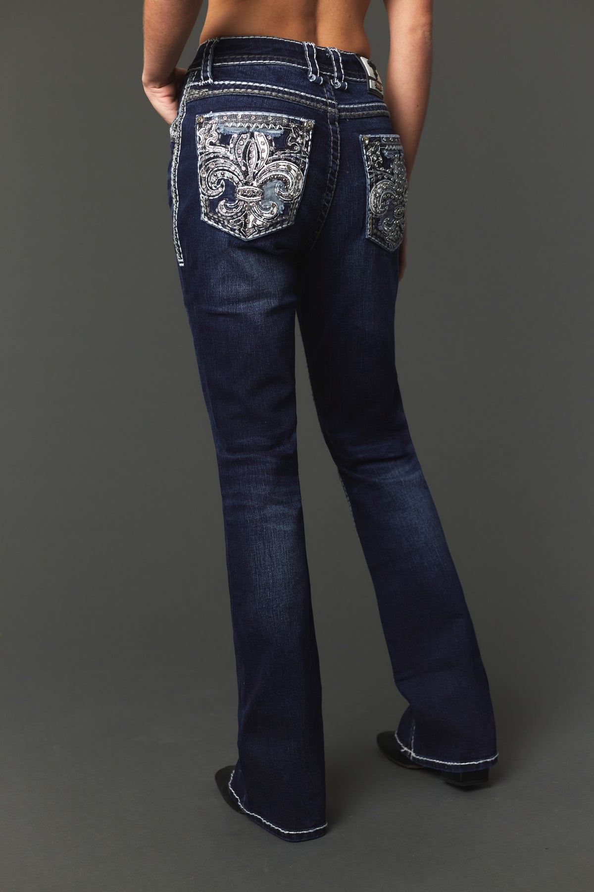 Full back view of Answer Me A1145 embroidered bootcut jeans