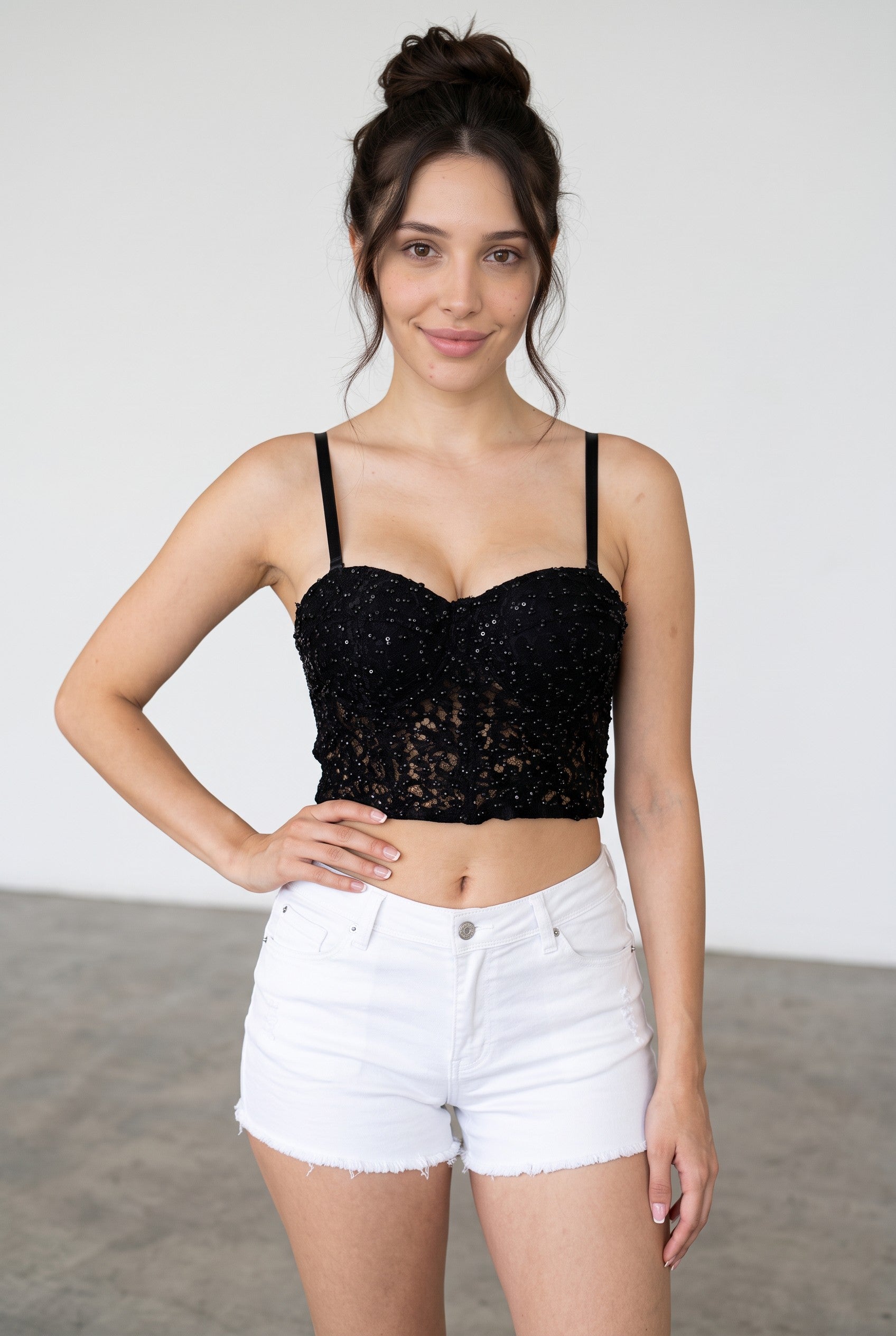 Midnight Pearl Lace Corset Top – Black