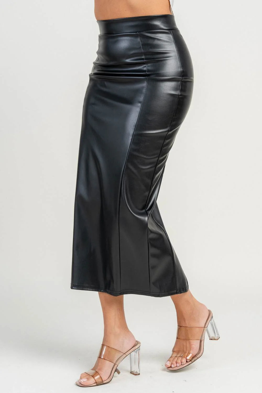 High Waisted Faux Leather Midi Skirt
