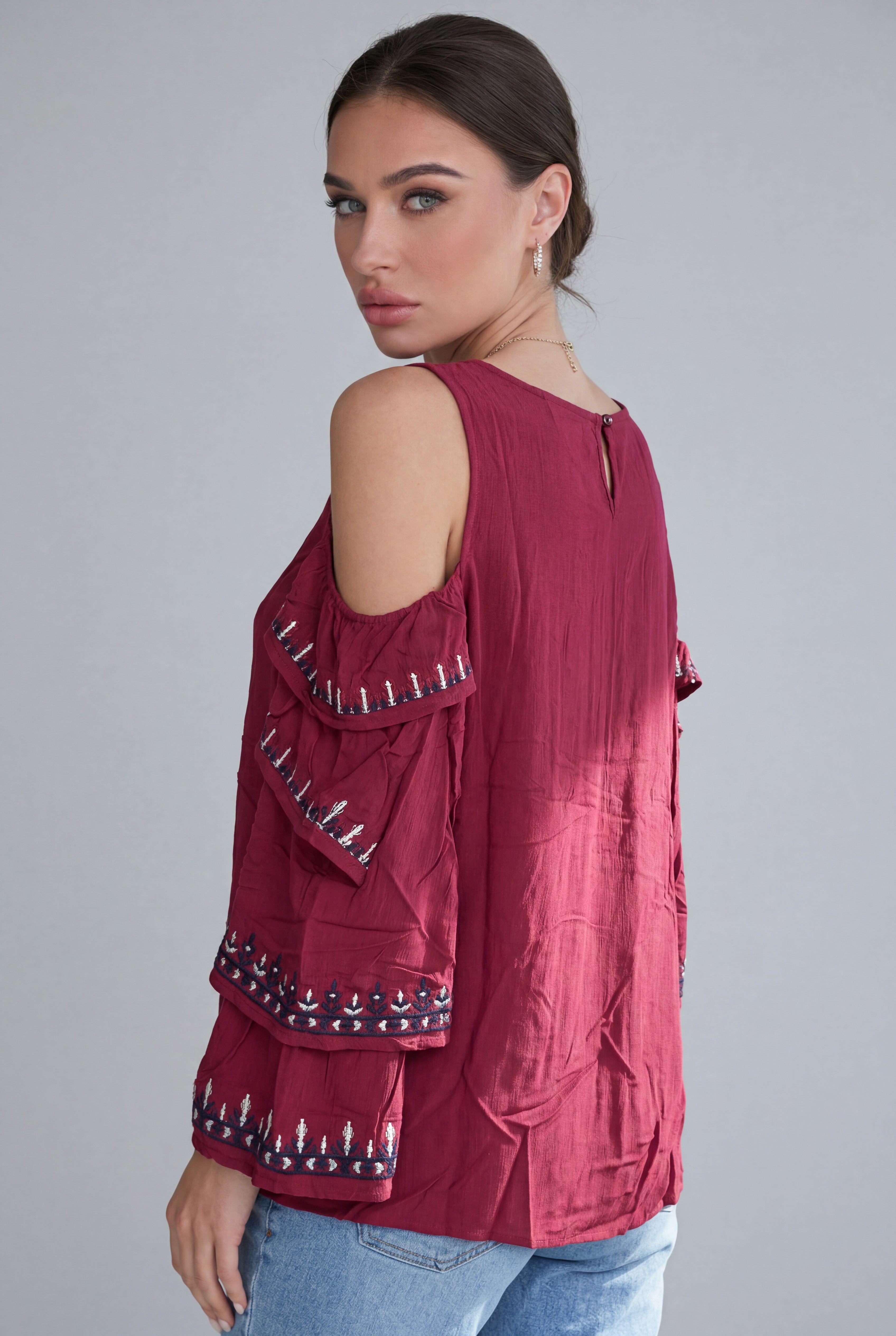 Embroidered Cold Shoulder Boho Blouse