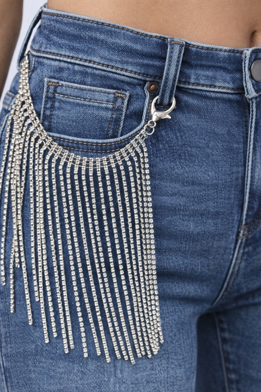 Medium Wash Straight-Leg Jeans with Rhinestone Fringe