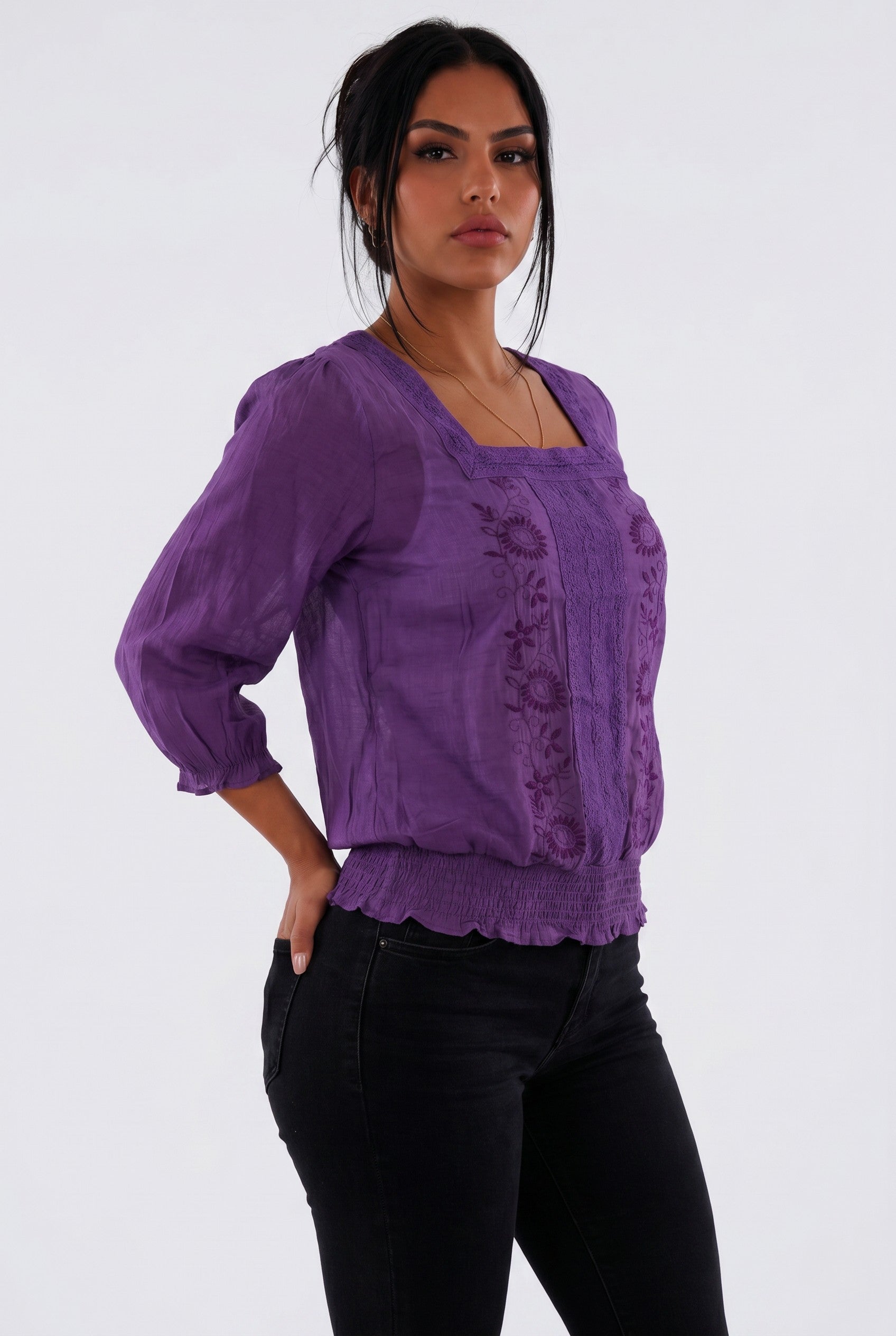 Embroidered Smocked Hem Peasant Blouse