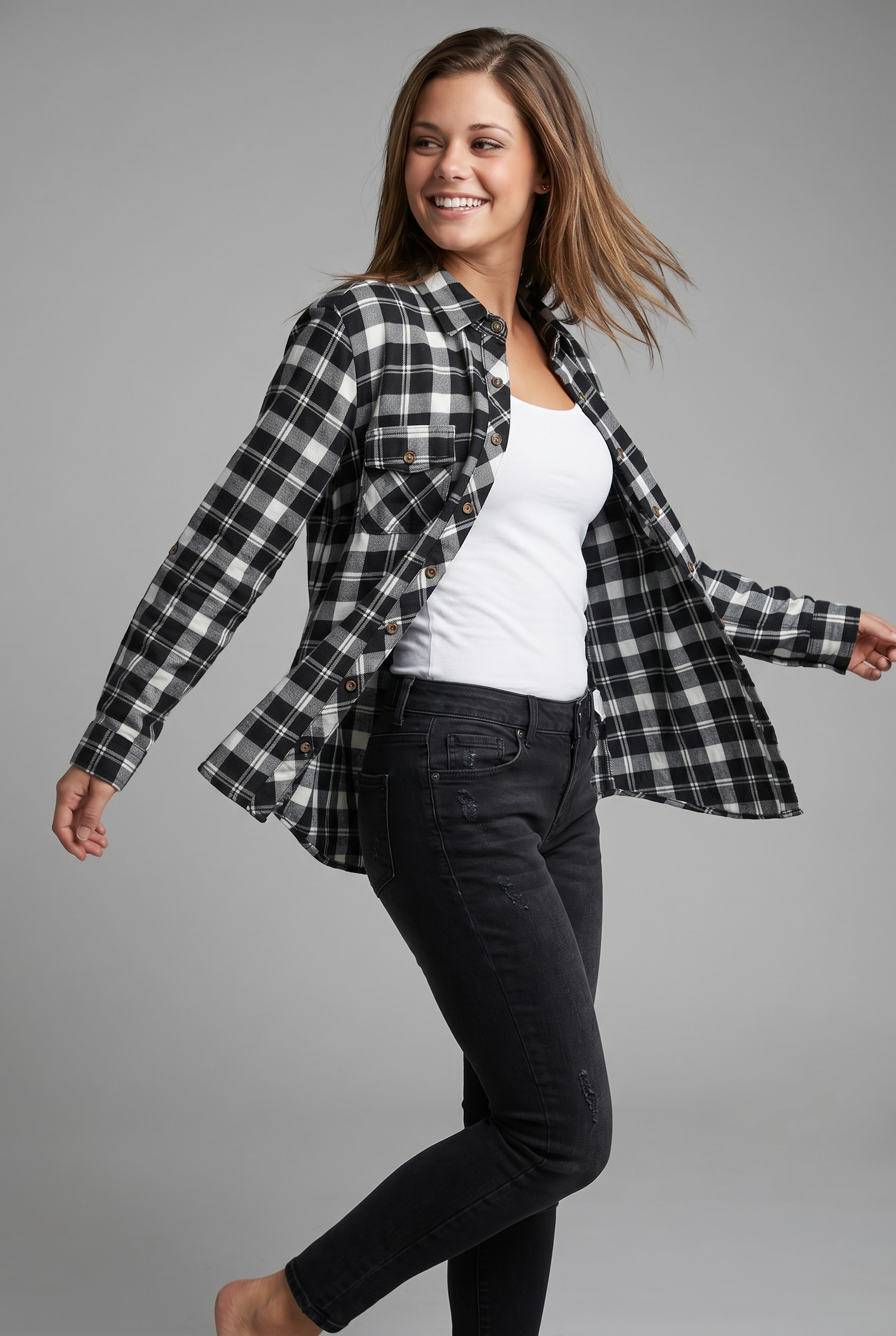 Black & White Plaid Button-Up Flannel Shirt