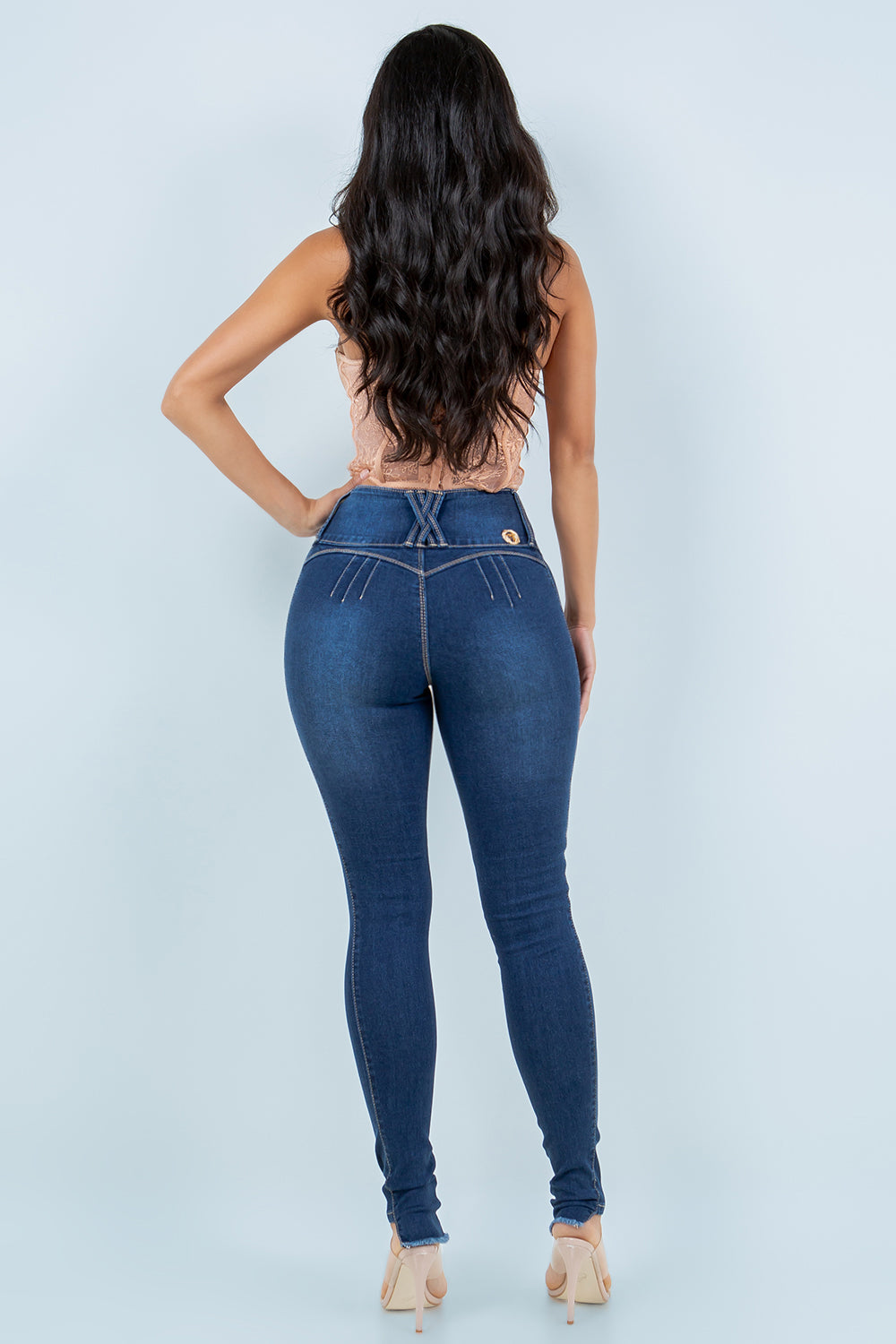 High-Waisted Colombian Skinny Jeans with Woven Lift Pockets