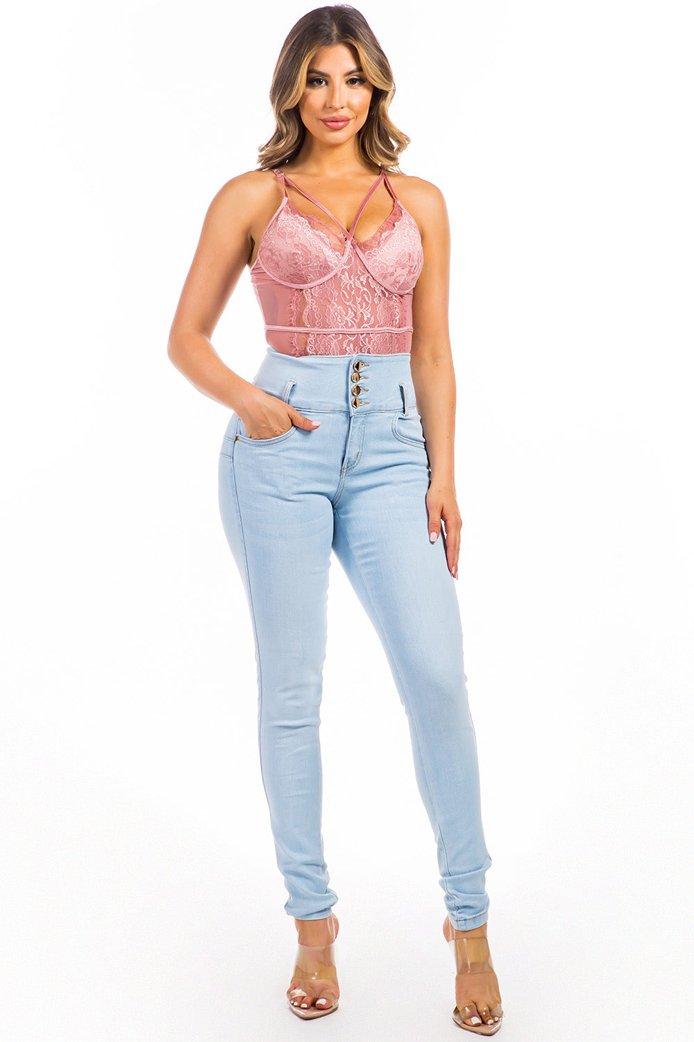 Colombian Push-Up Skinny Jeans with Corset Waist & Sculpting Seams – Light Blue