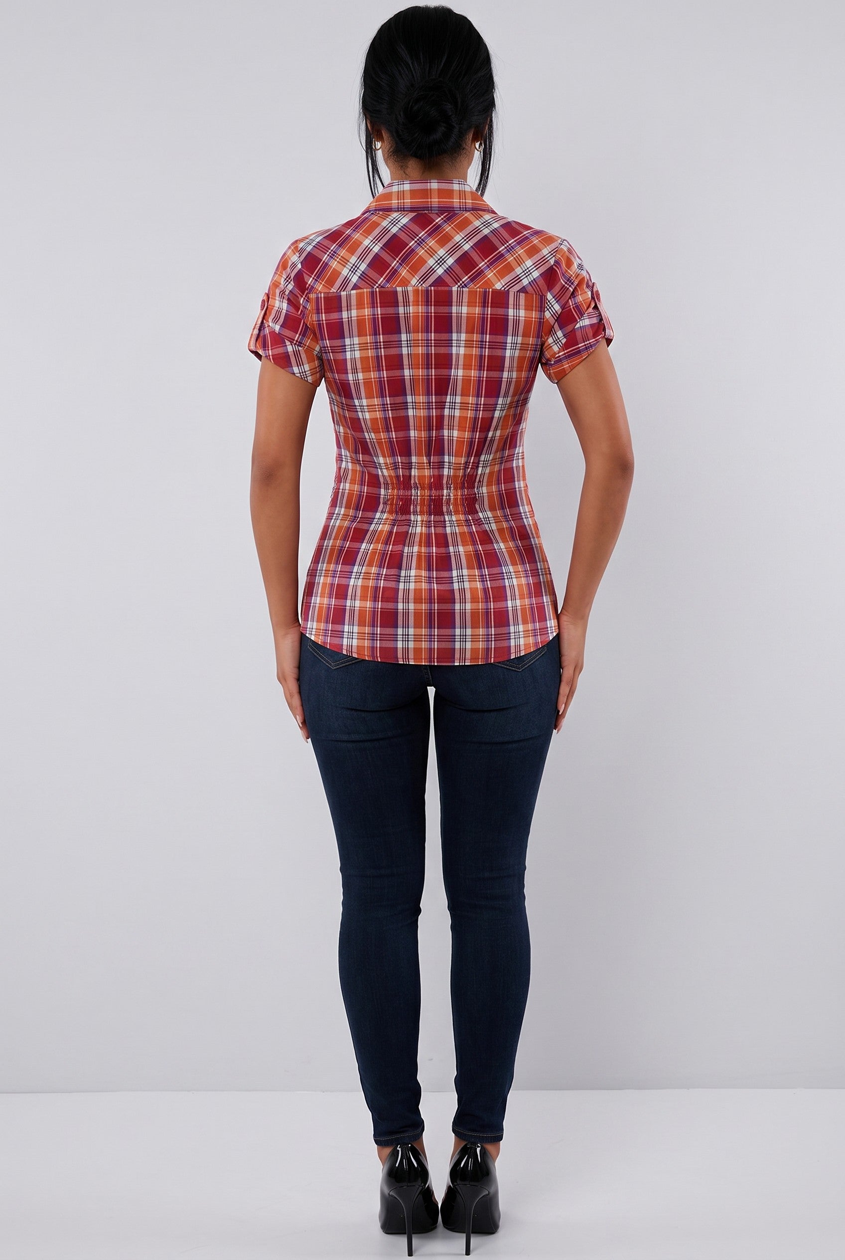Plaid Smocked Waist Button-Up Top