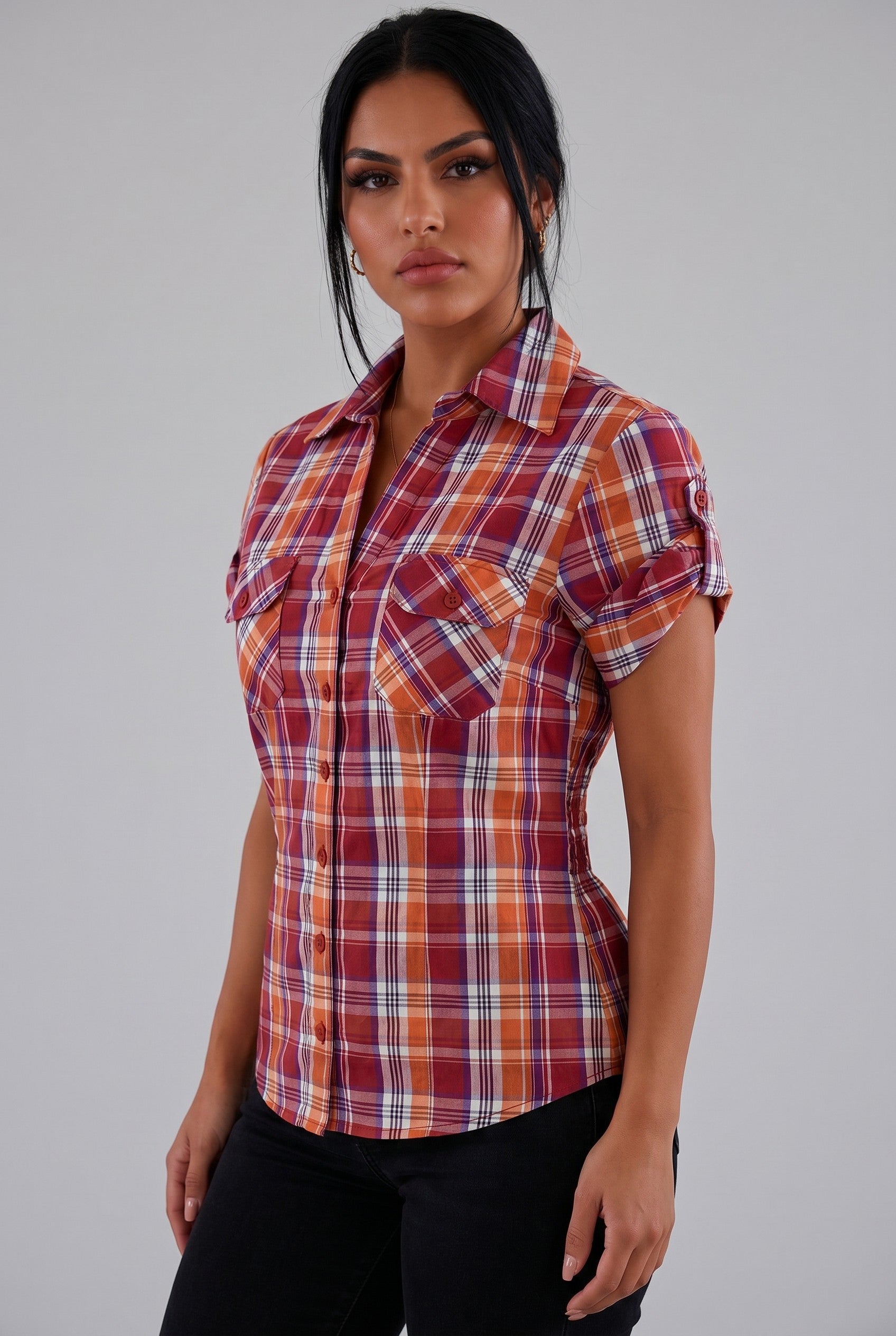 Plaid Smocked Waist Button-Up Top