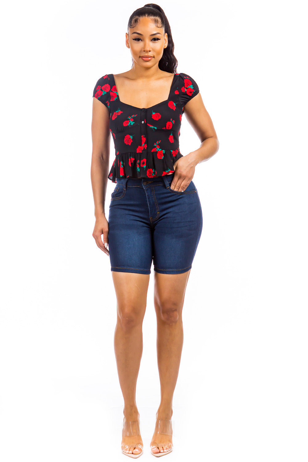 Diamante Medium Blue High-Rise Denim Bermuda Shorts