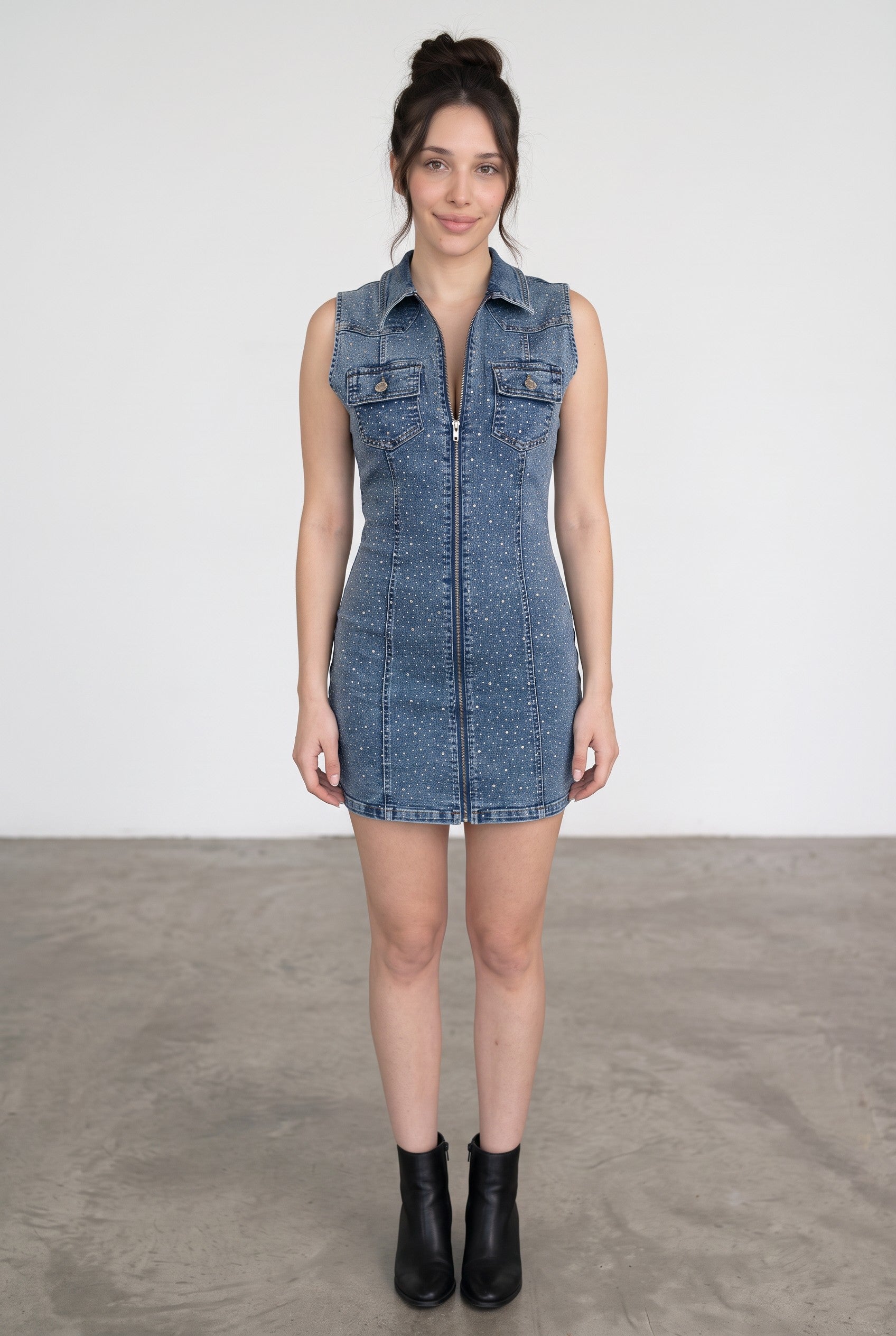 Midnight Rodeo Rhinestone Denim Mini Dress – Dark Wash