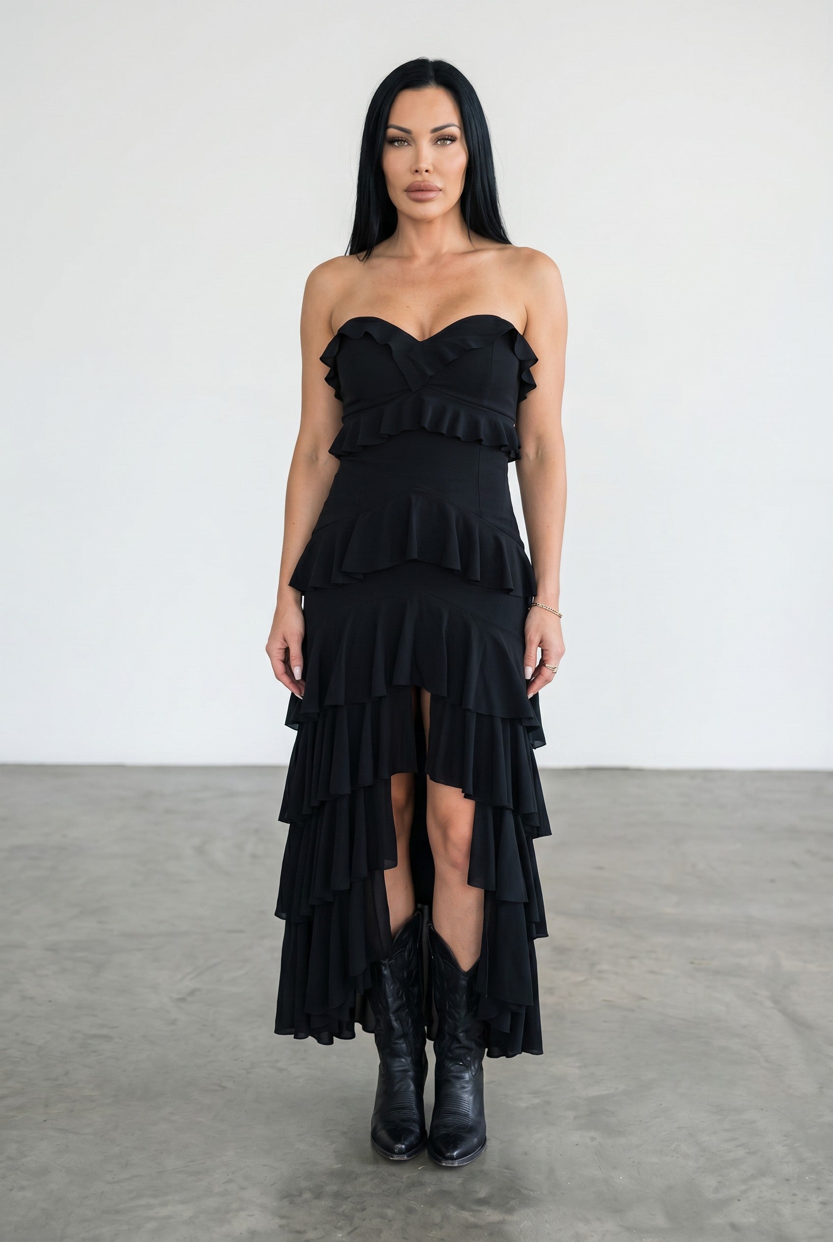 Tiered Ruffle High-Low Maxi Dress