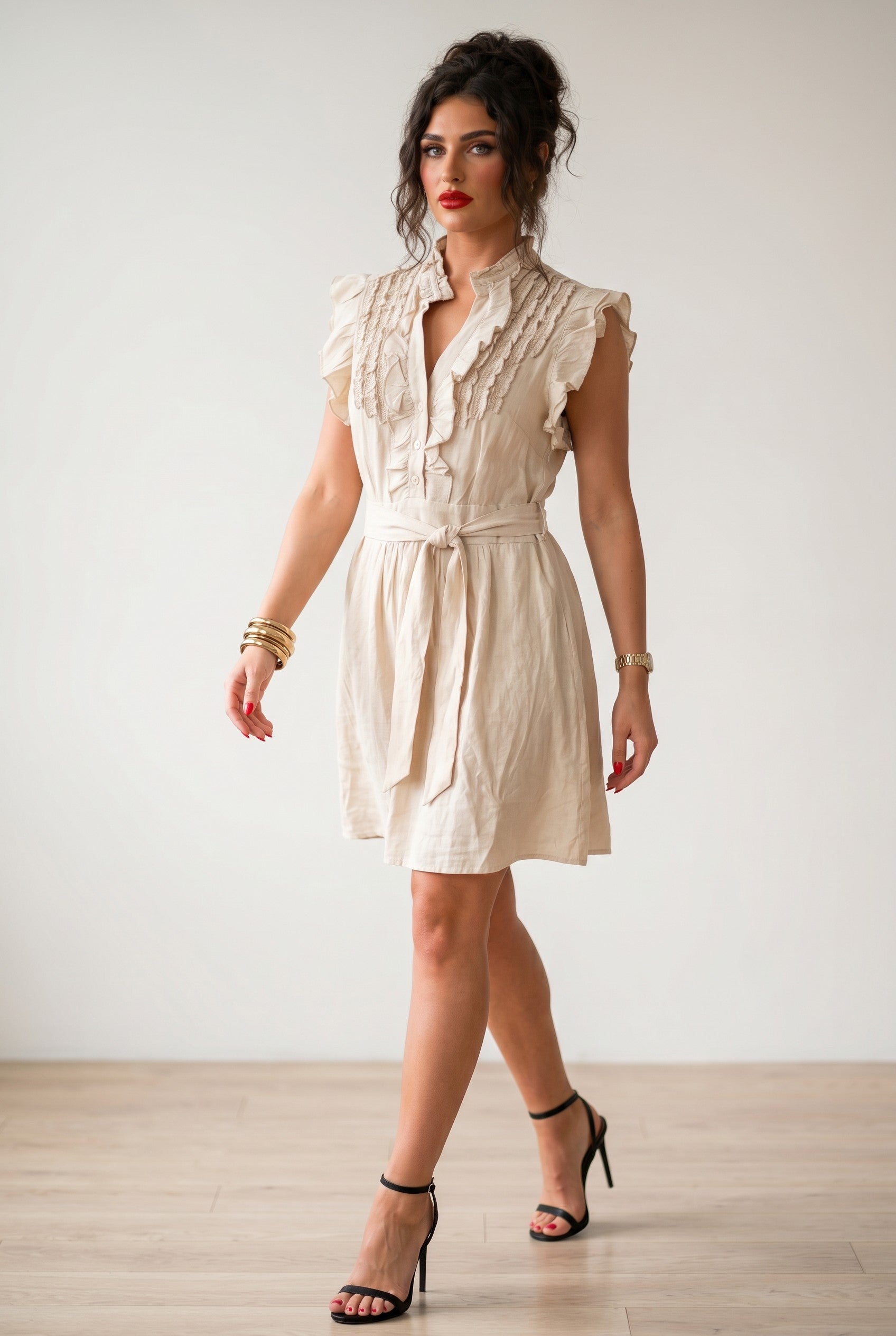 Ruffle Trim Tie-Waist Mini Dress