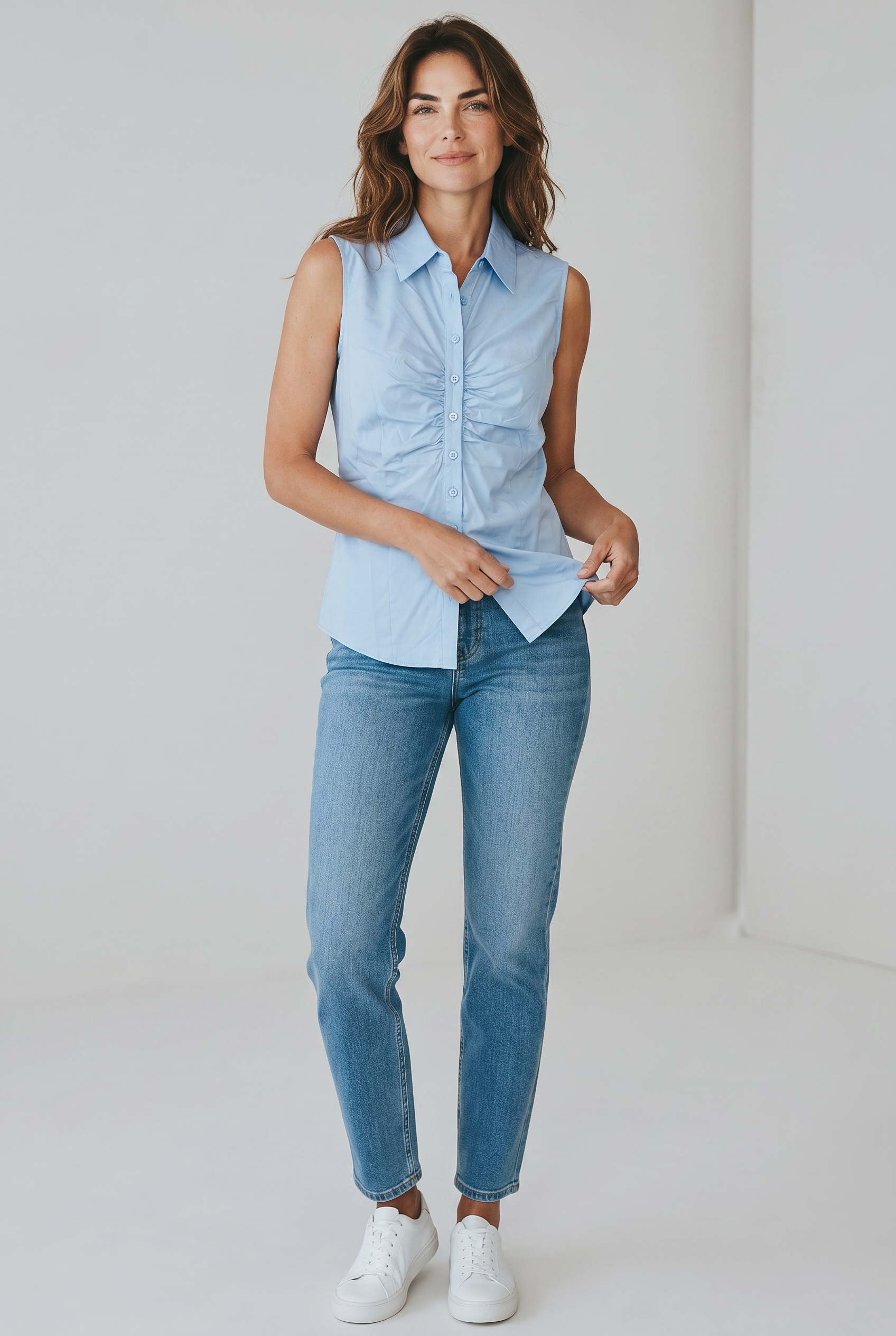 Sleeveless Ruched Button-Up Blouse – Tailored Stretch Top