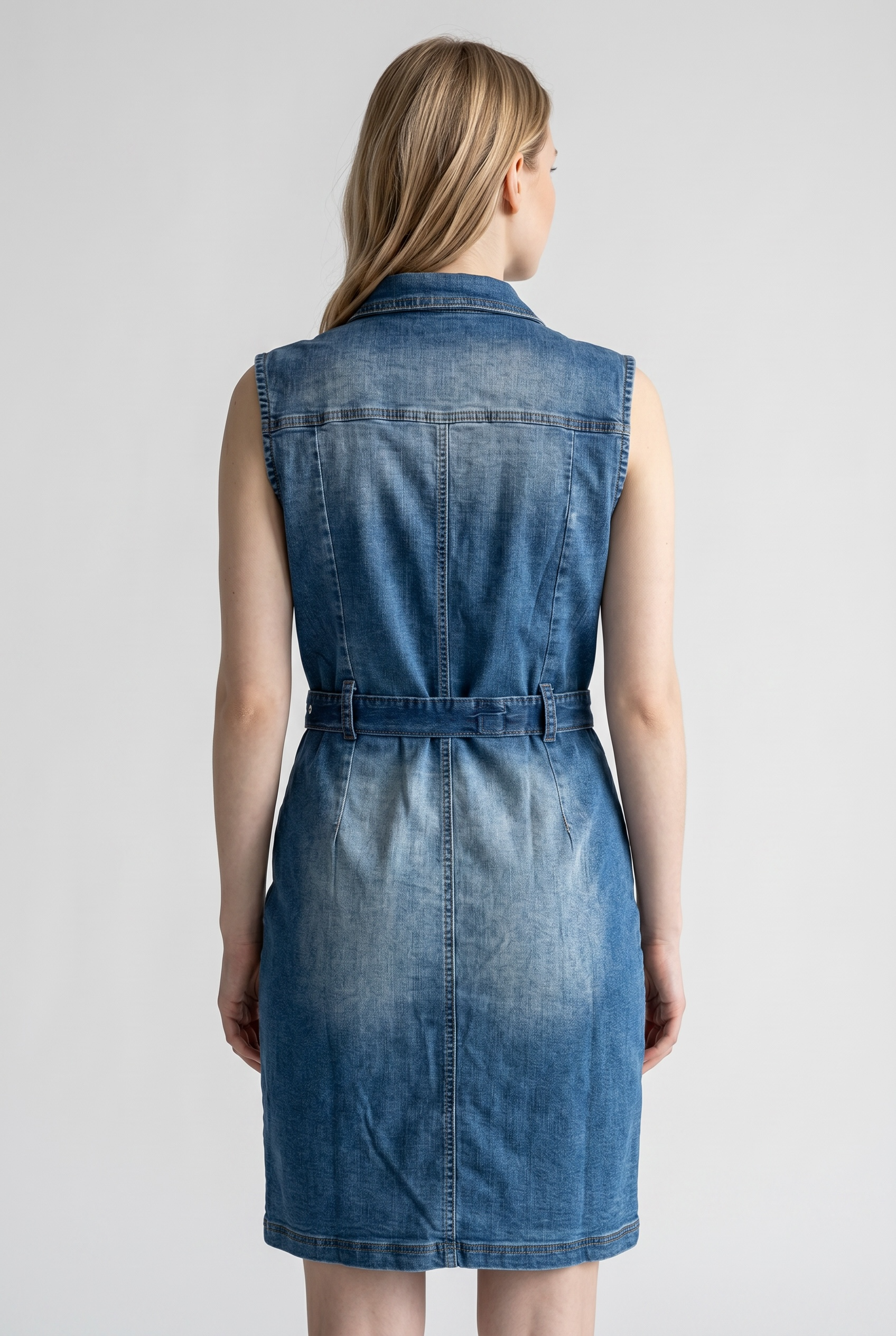 Denim Button Front Belted Mini Dress – Sleeveless Casual Jean Dress