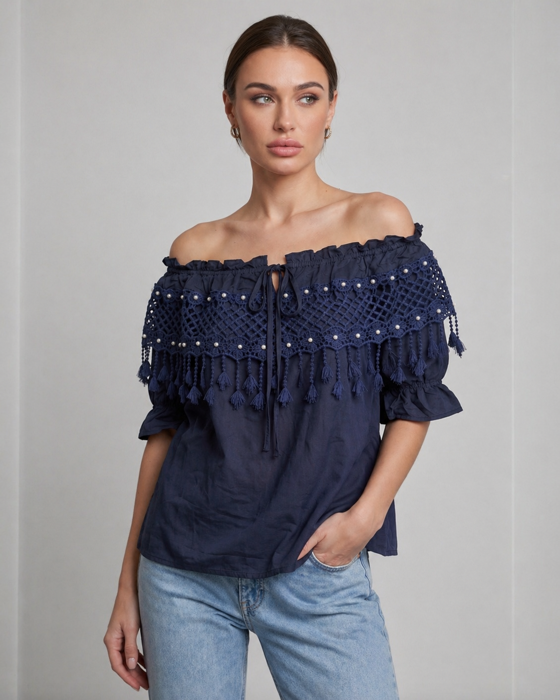 Off-Shoulder Crochet Tassel Blouse