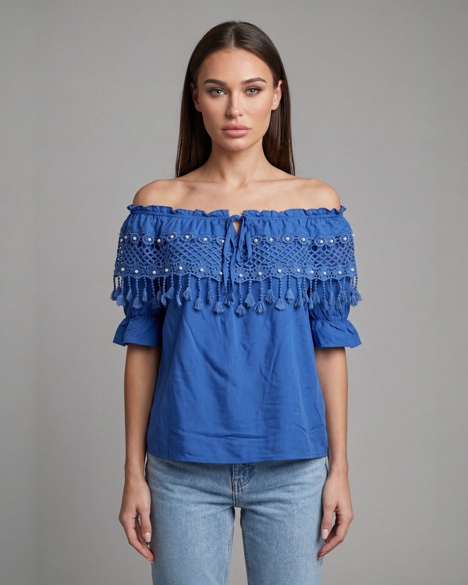Off-Shoulder Crochet Tassel Blouse