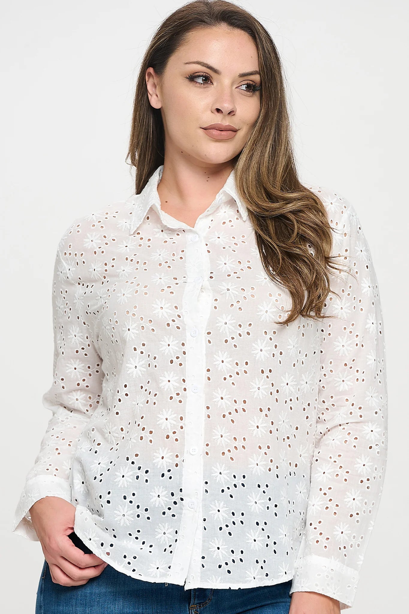 Long Sleeve Button Down Eyelet Top