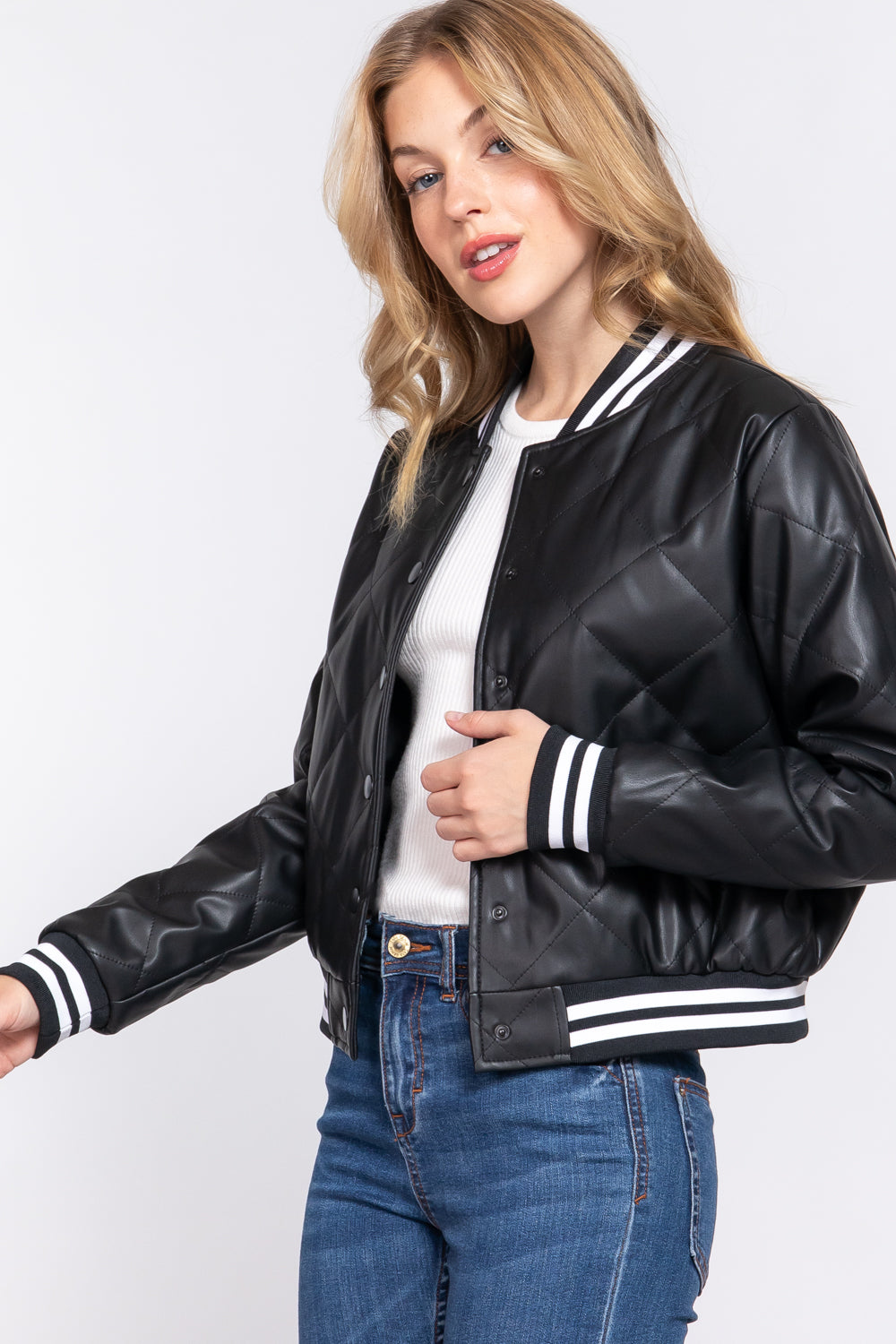 Quilted Faux Leather Bomber Jacket