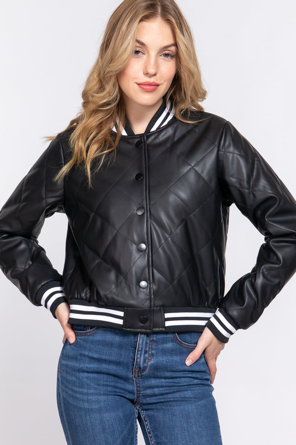 Quilted Faux Leather Bomber Jacket