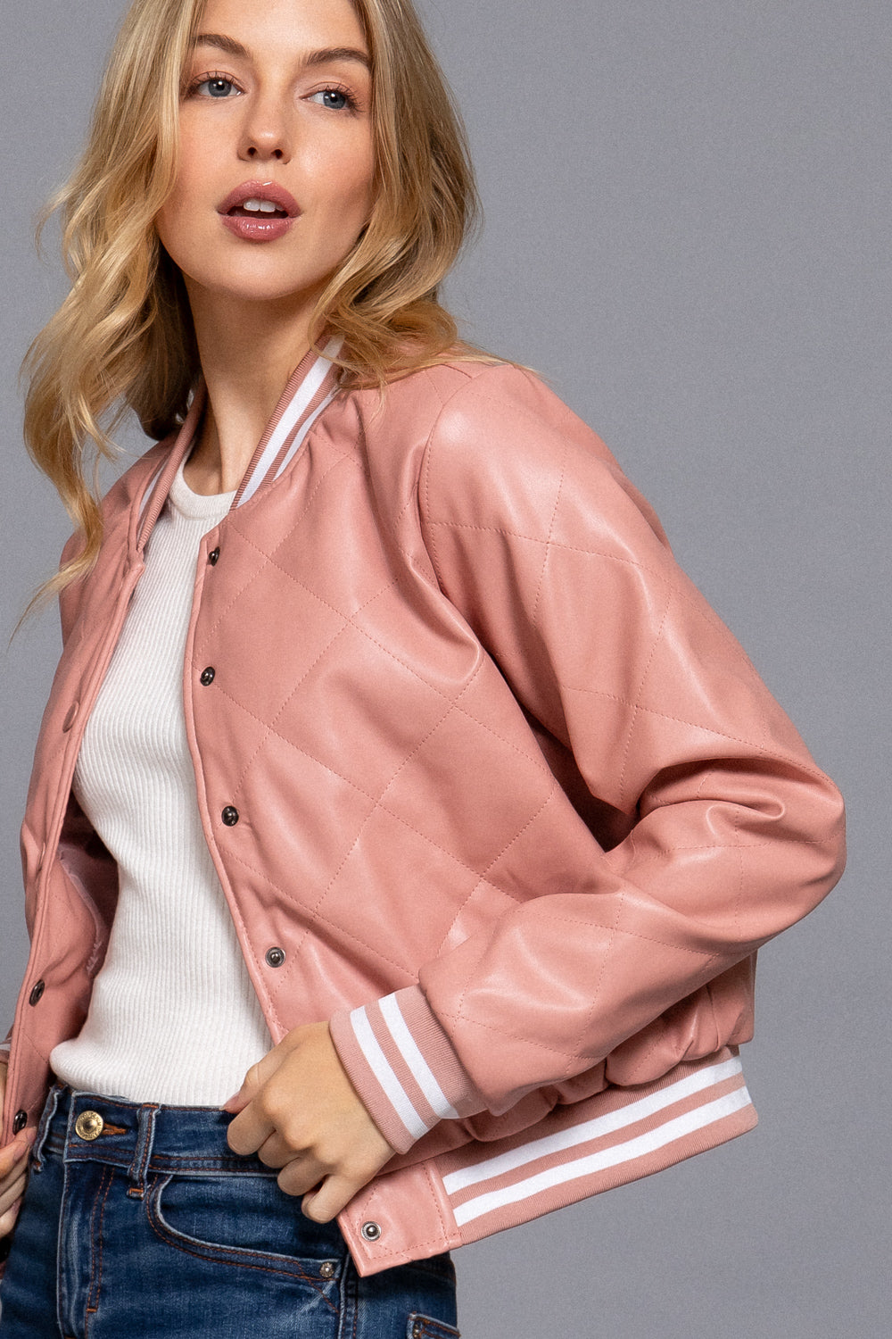Quilted Faux Leather Bomber Jacket