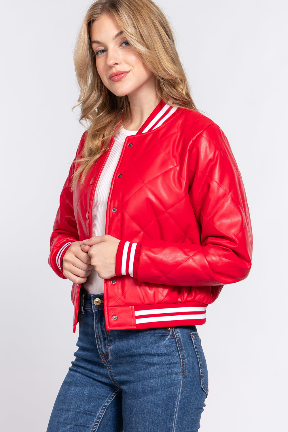 Quilted Faux Leather Bomber Jacket
