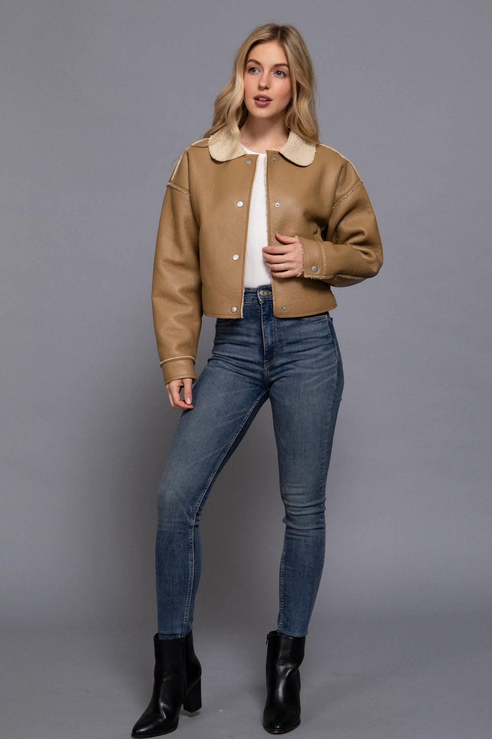 Sherpa-Lined Faux Leather Jacket