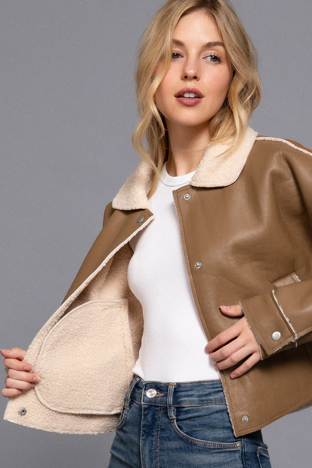 Sherpa-Lined Faux Leather Jacket