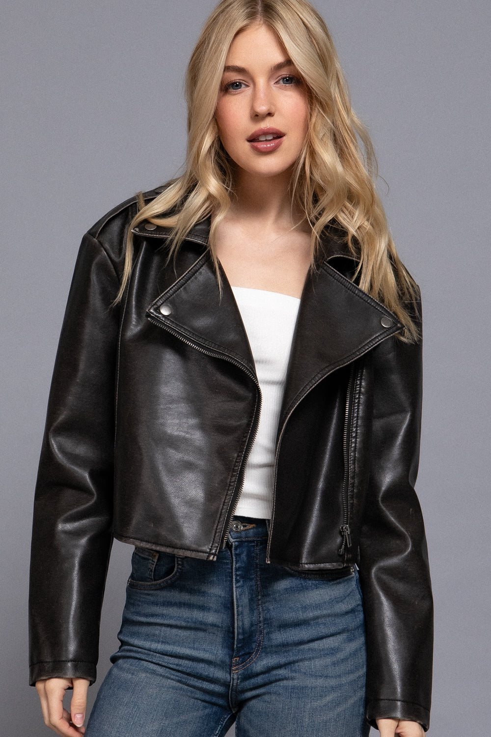Vintage Wash Faux Leather Cropped Moto Jacket