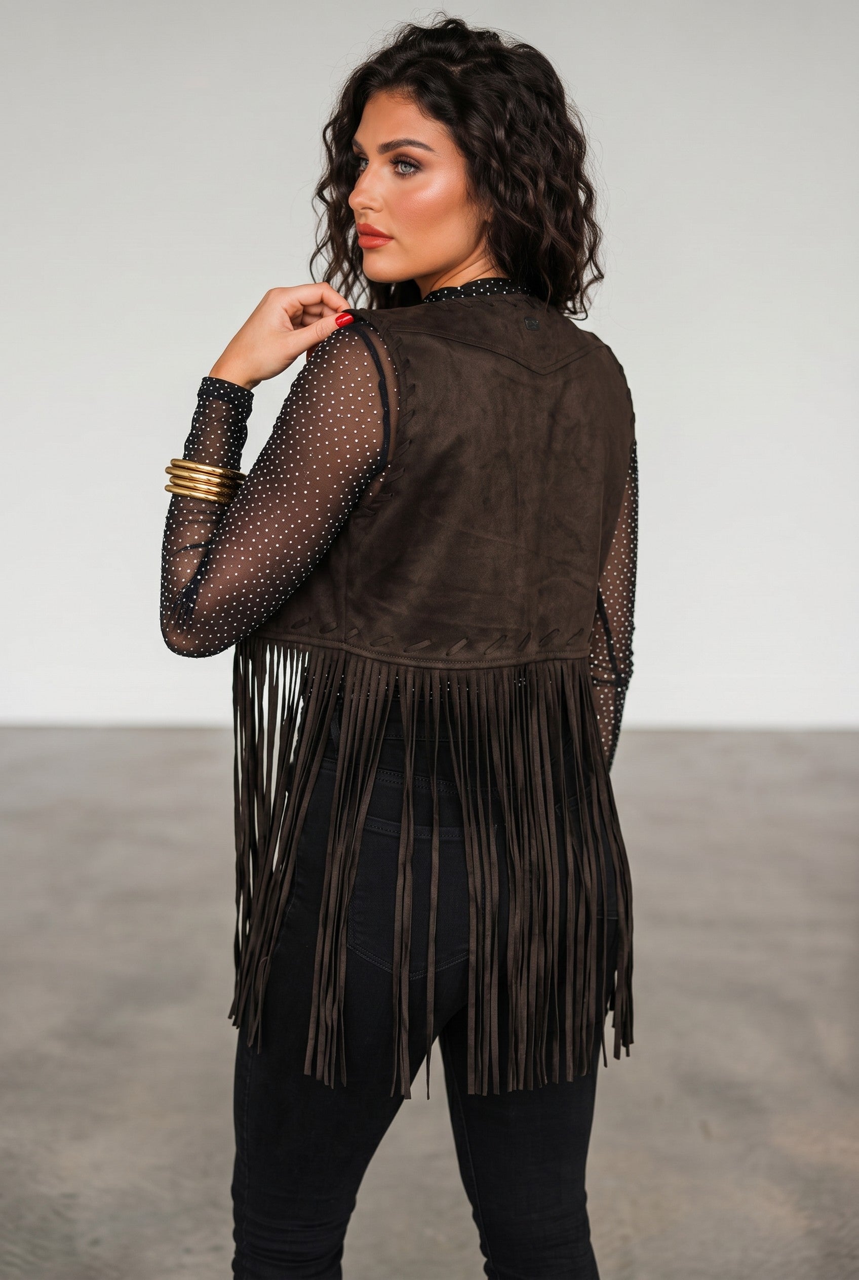 Black Faux Suede Fringe Whipstitch Western Vest