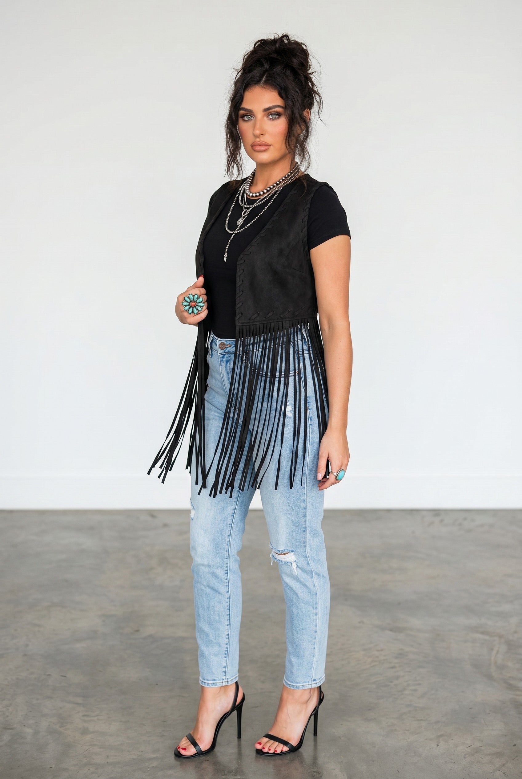 Black Faux Suede Fringe Whipstitch Western Vest